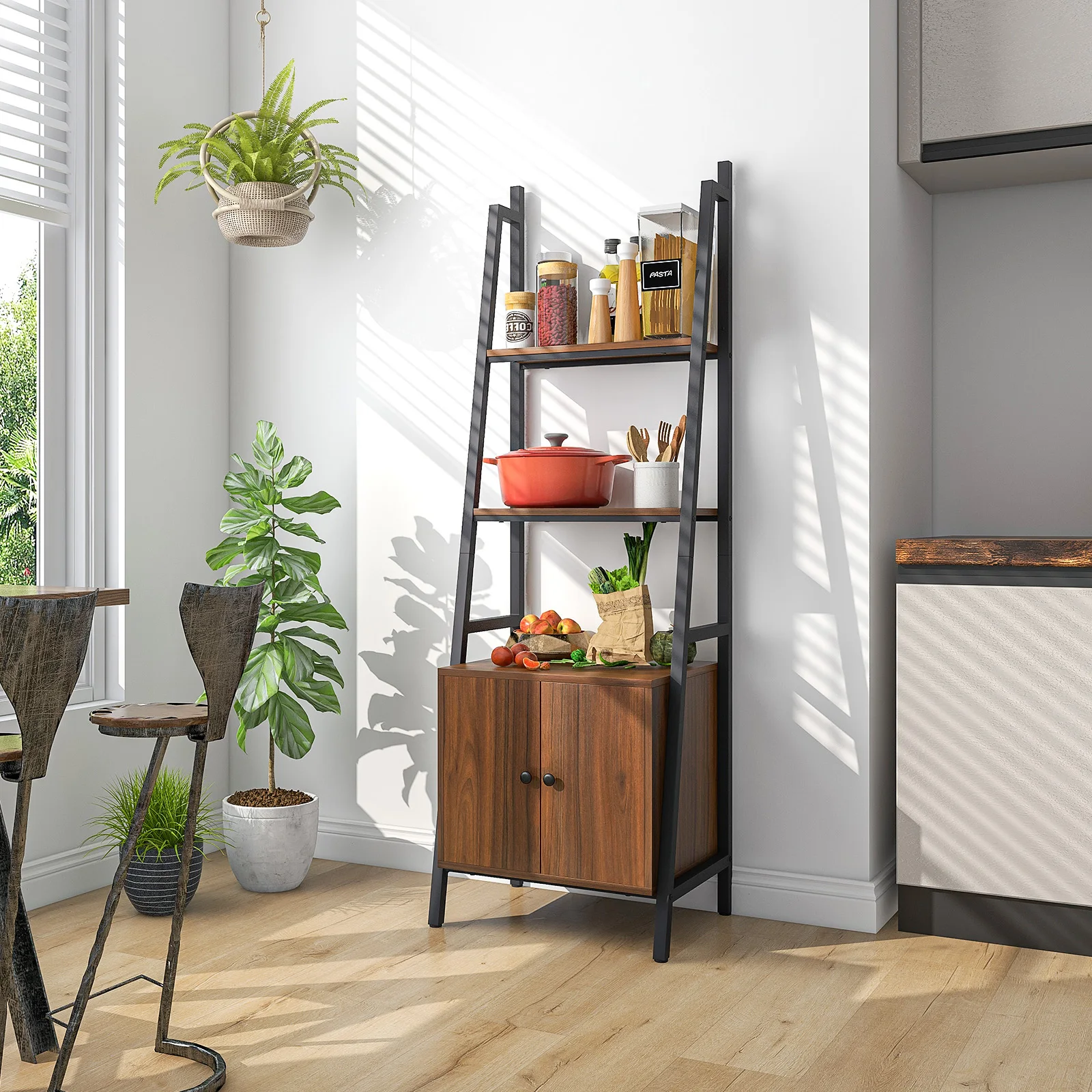 GOFLAME 4-Tier Ladder Shelf with Cabinet, 160 CM Tall Bookshelf, Industrial Bookcase with Metal Frame