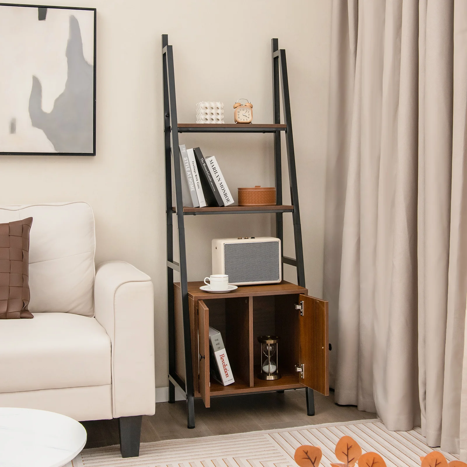 GOFLAME 4-Tier Ladder Shelf with Cabinet, 160 CM Tall Bookshelf, Industrial Bookcase with Metal Frame