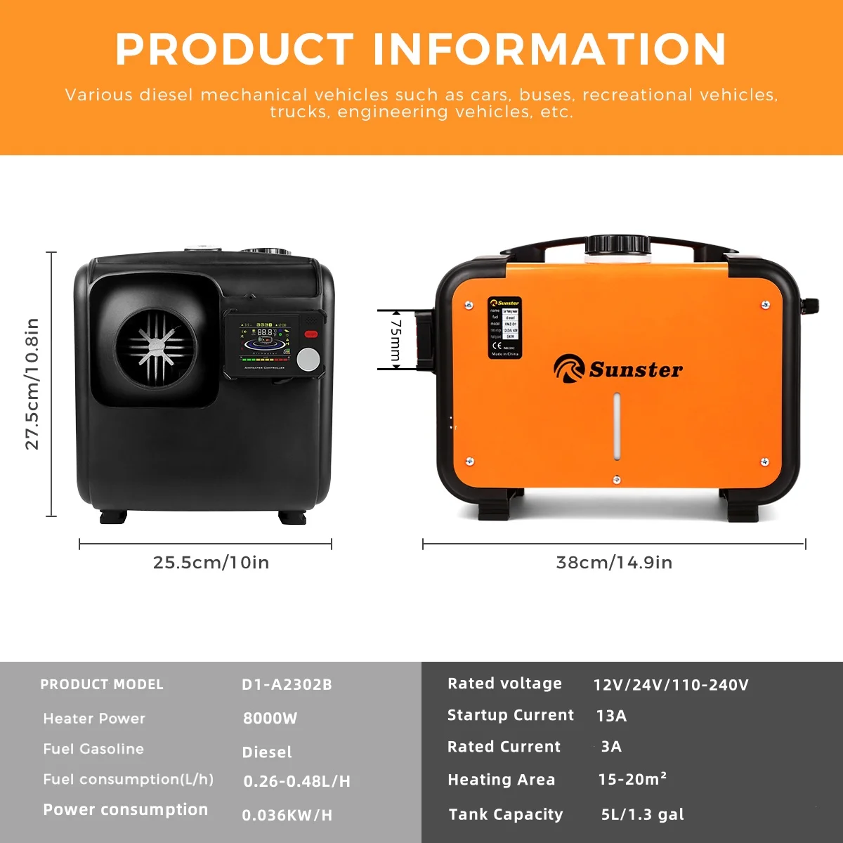 8KW ALL IN ONE Diesel Air Heater 12V/24V/220V Bluetooth APP & LCD Control Car Diesel Heater for Cars Trucks RVs Boats Buses