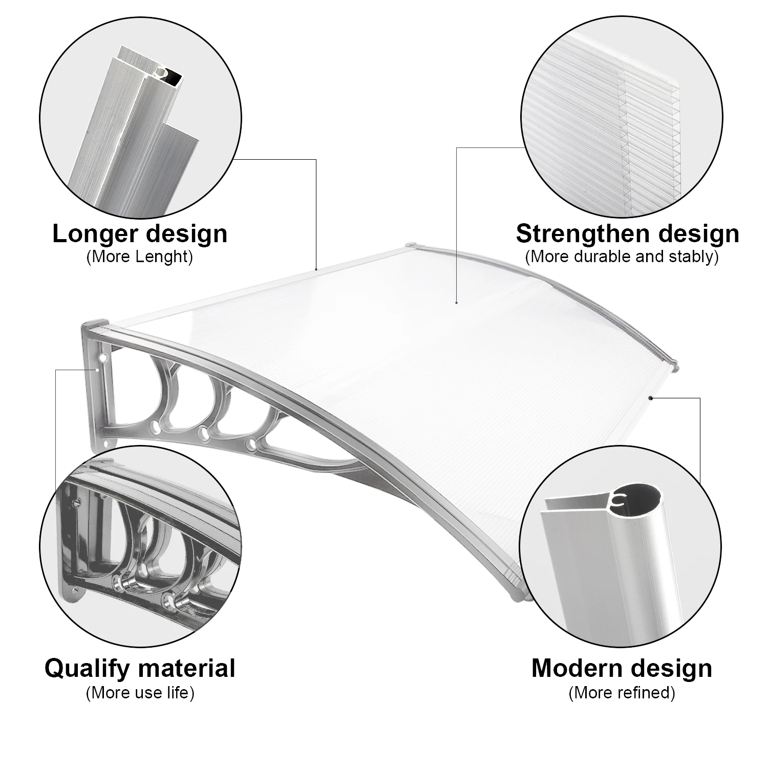 Window Door Awning Canopy 2 Sizes Front & Back Porch Shade PC Cover for Rainproof Sun Shade Snow Protection