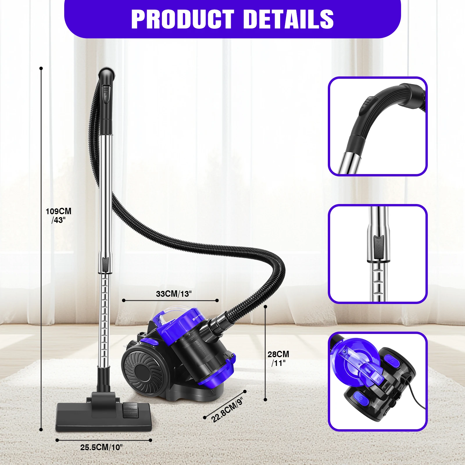 DayPlus 1000W Bagless Horizontal Vacuum Cleaner with HEPA filter for Home Carpet & Cars, Automatically Retract Rope - Blue 1.5L