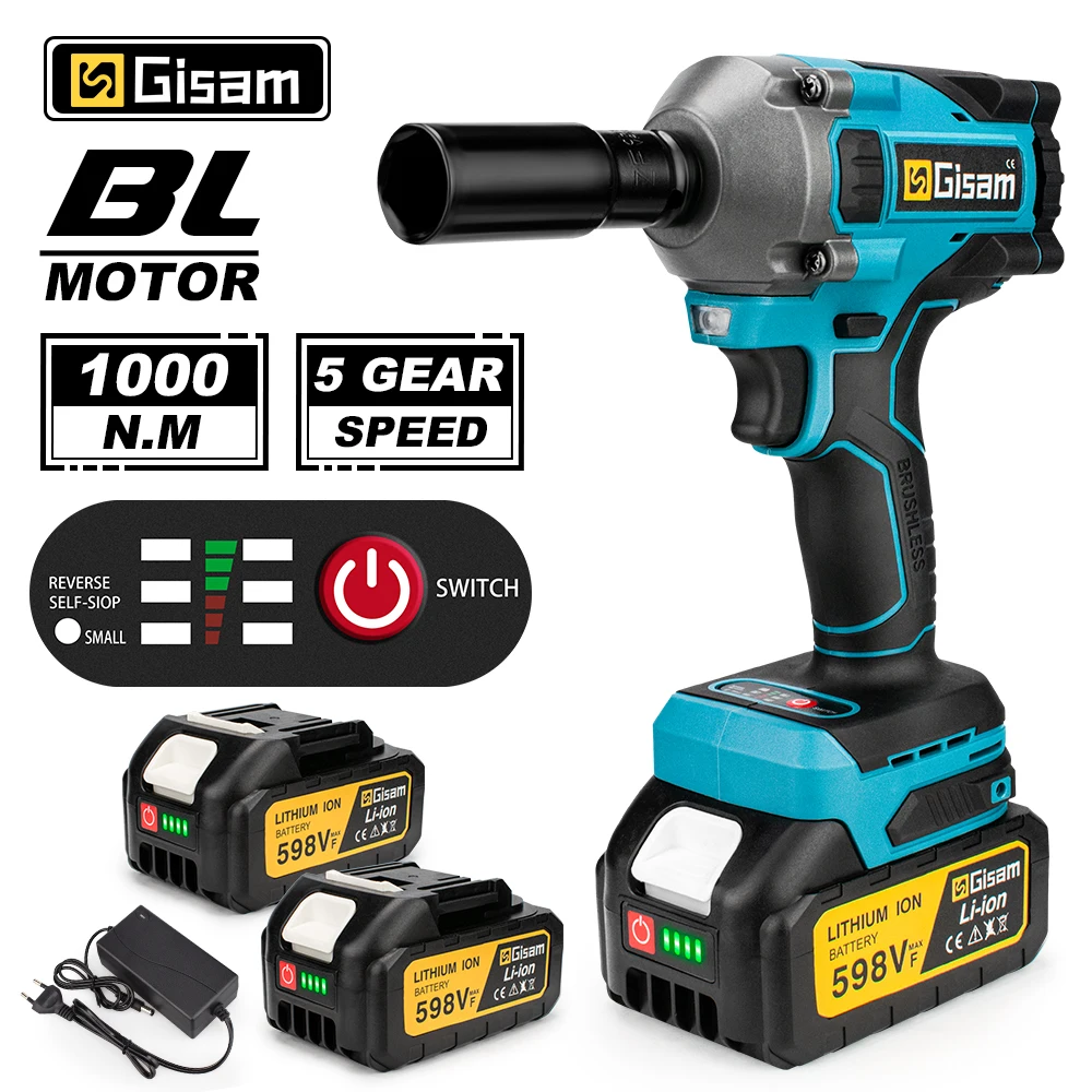 Gisam 520N.M Brushless Electric Impact Wrench Cordless Electric Wrench 1/2inch for Makita 18V Battery Pin Screwdriver Power Tool