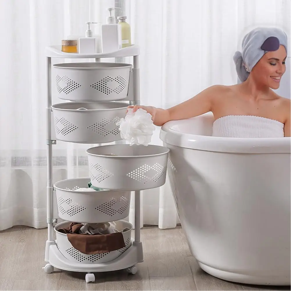 Kitchen Storage Cart, 5 Tier Circular Rotating Basket, Large Storage Rack with 360 Degree Wheels, Fruit Vegetable Shelf