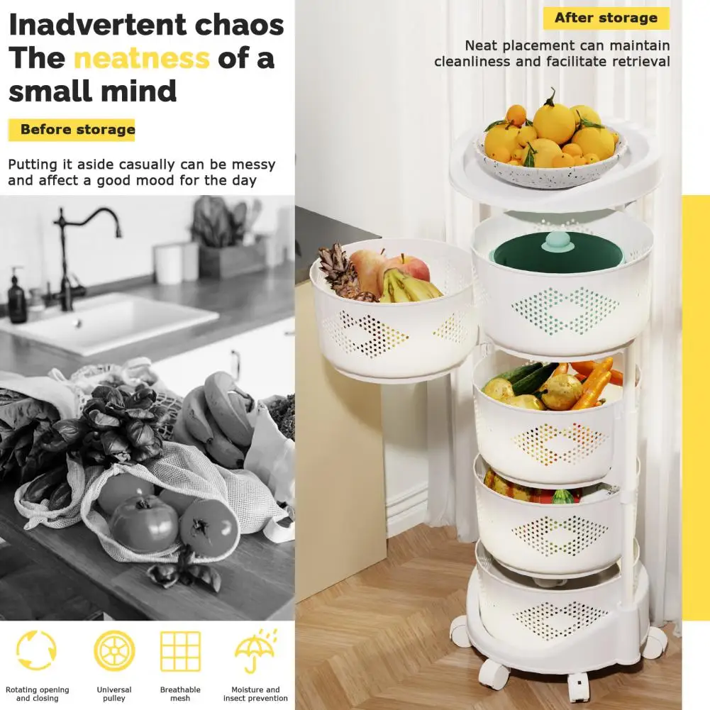 Kitchen Storage Cart, 5 Tier Circular Rotating Basket, Large Storage Rack with 360 Degree Wheels, Fruit Vegetable Shelf