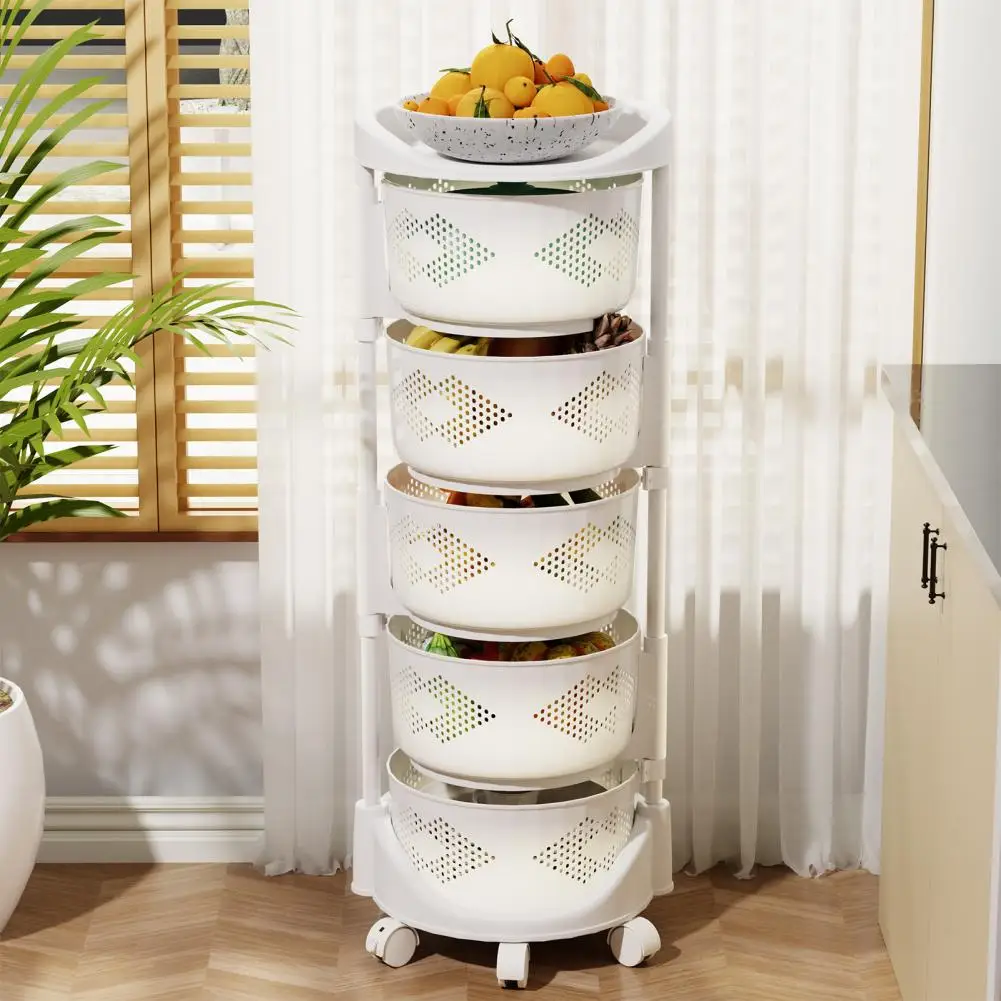 Kitchen Storage Cart, 5 Tier Circular Rotating Basket, Large Storage Rack with 360 Degree Wheels, Fruit Vegetable Shelf