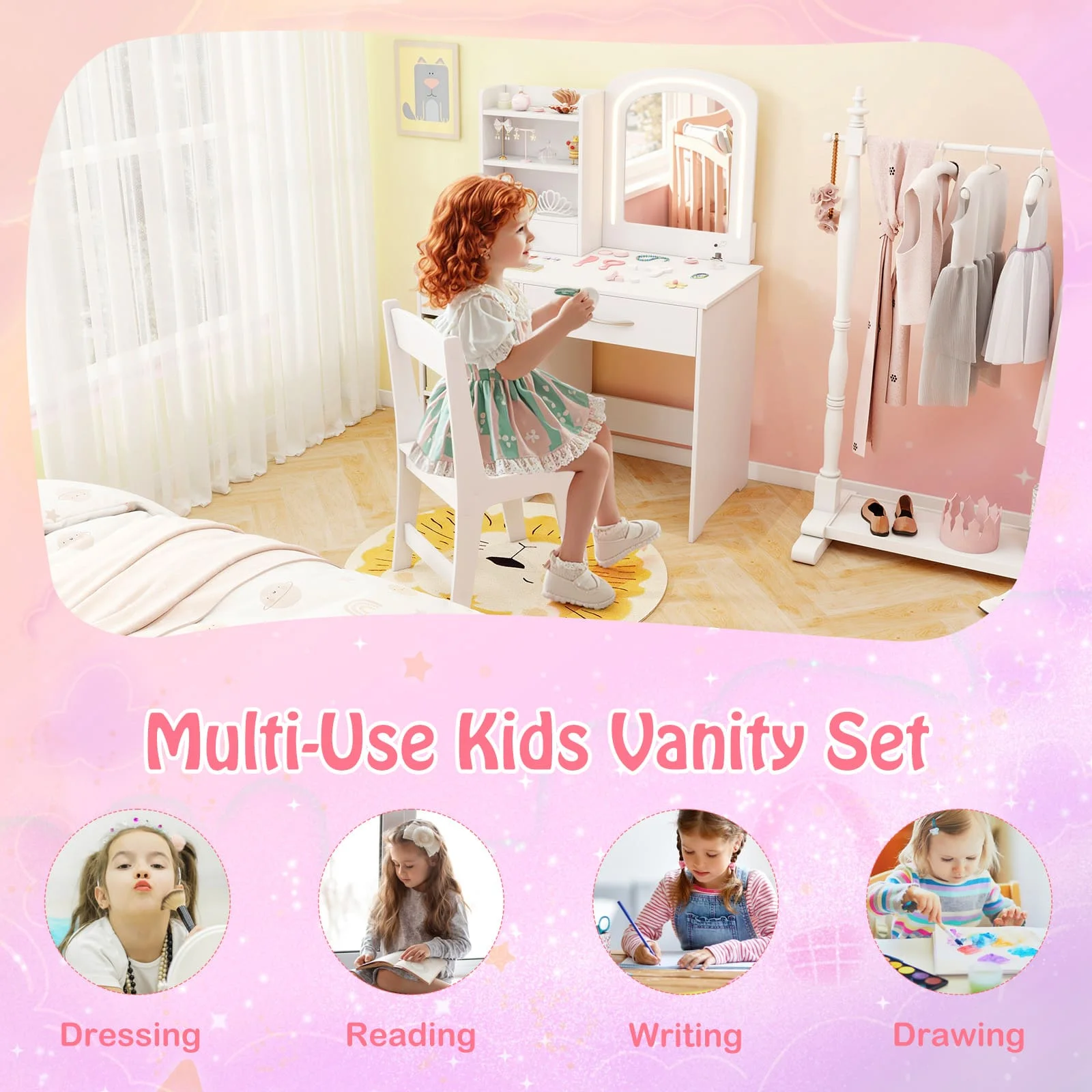 GOFLAME Kids Vanity Set Princess Makeup Desk and Chair w/Lighted Mirror-White