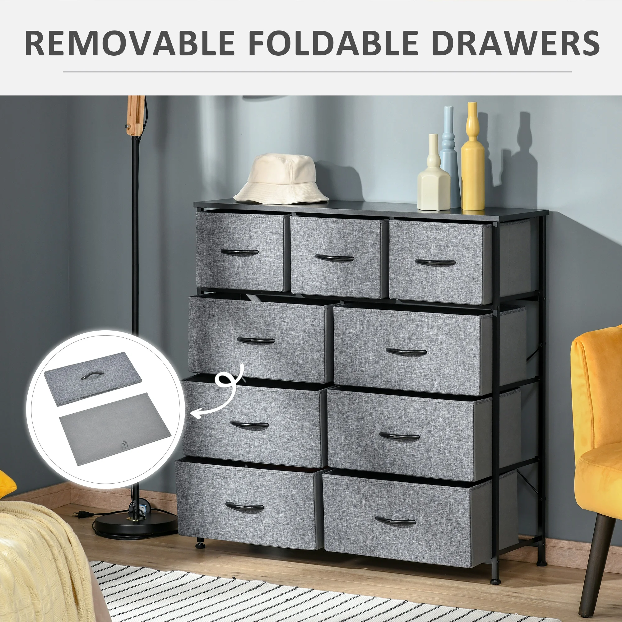 HOMCOM 9 Drawers Storage Chest Dresser Organizer Unit w/ Foldable Bin