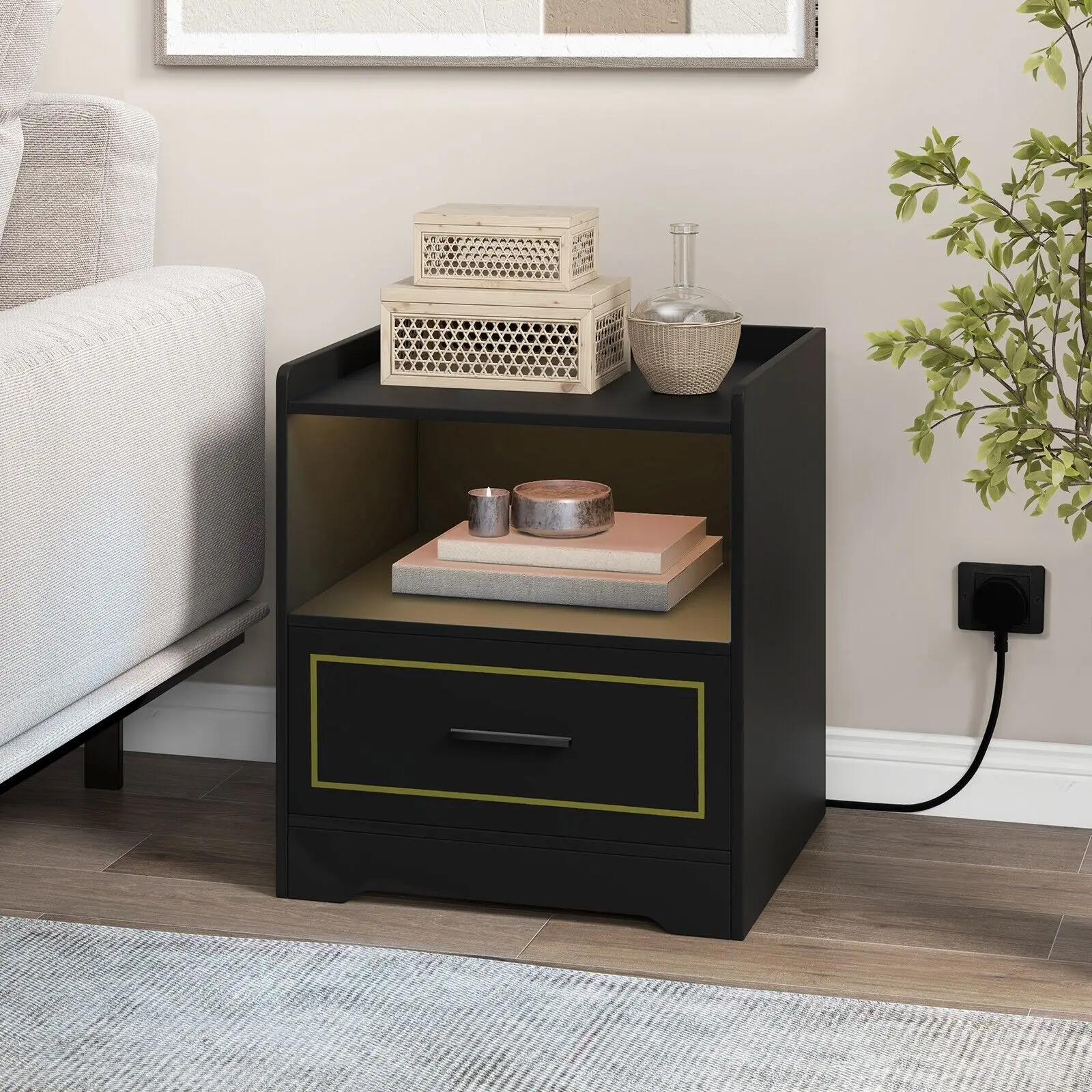 GOFLAME LED Nightstand Smart Bedside Table Cabinet Side End Table Storage Living Room