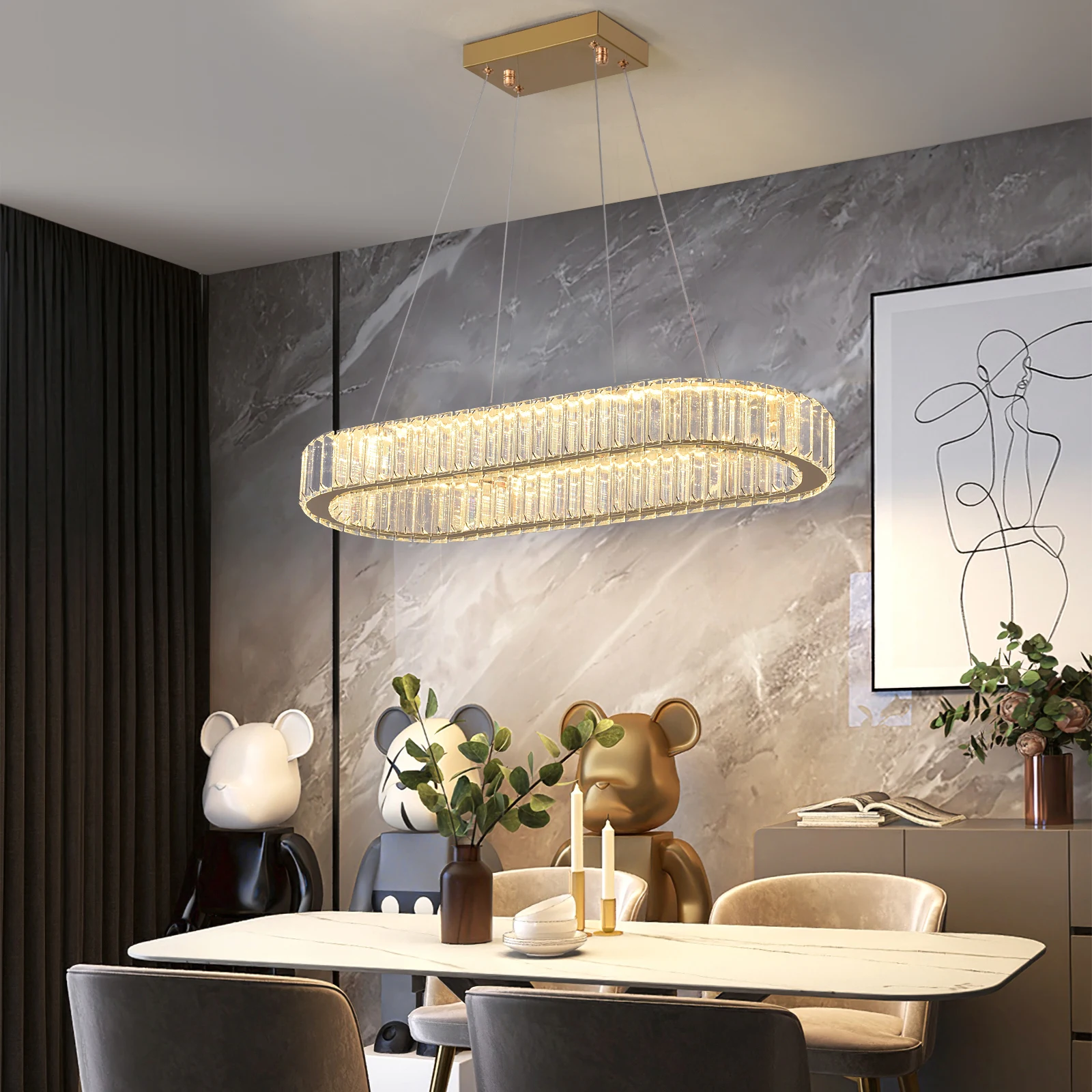Modern Pendant Light Luxury Crystal Oval Design Led Chandelier Ceiling Lamp Nordic Hanging Fixture Living Bedroom Hotel Lustres