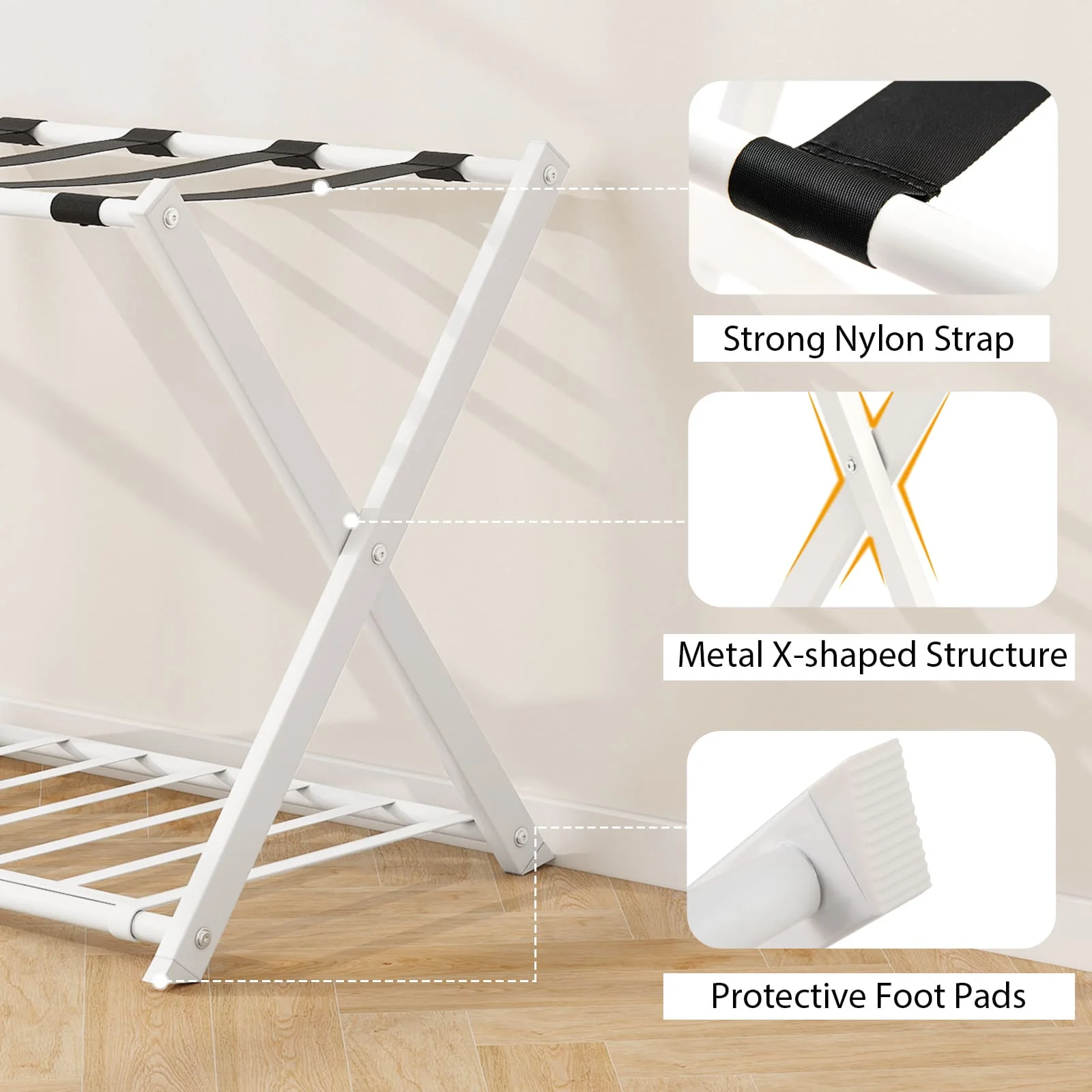 GOFLAME Luggage Rack Folding Suitcase Stand with Storage Shelf-White
