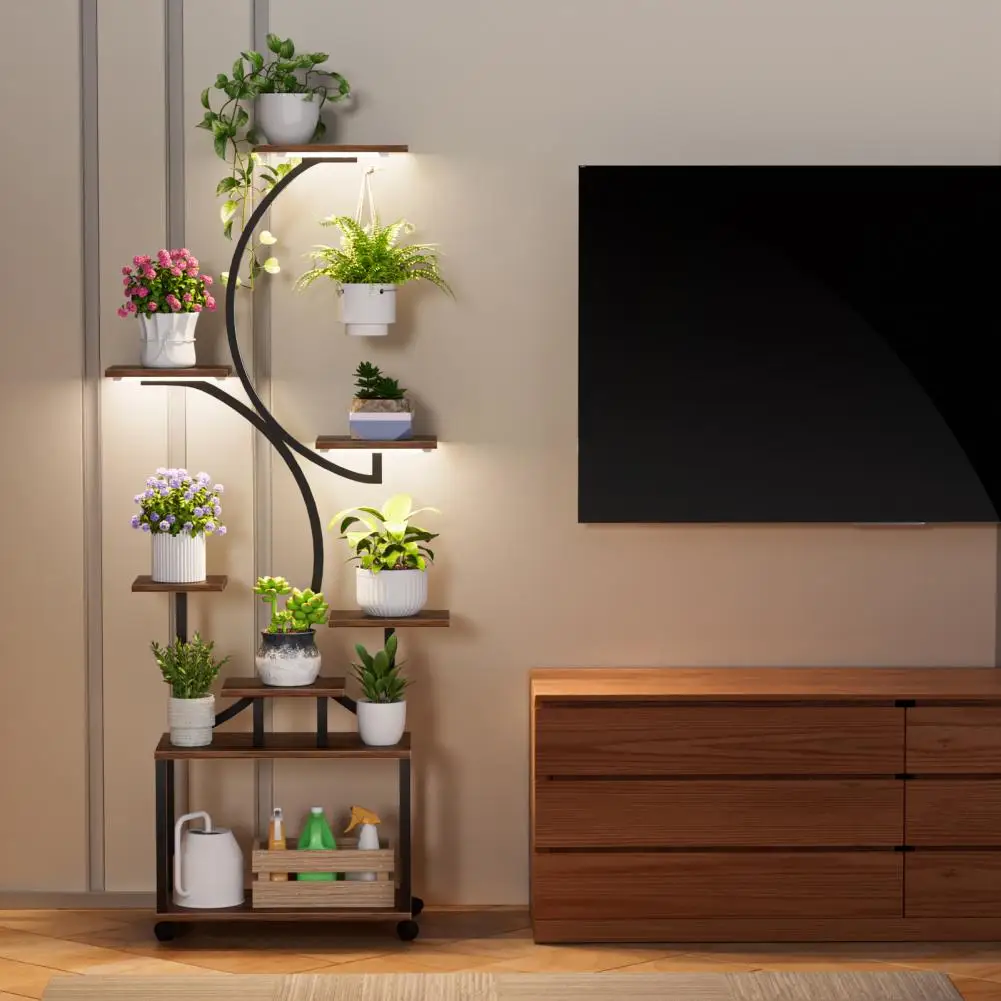 Plant Stand Indoor with 3 Grow Light, 8-Tiered Tall Plant Stand, Tree-Shaped Plant Shelf Display Rack with 360 Degree Wheels