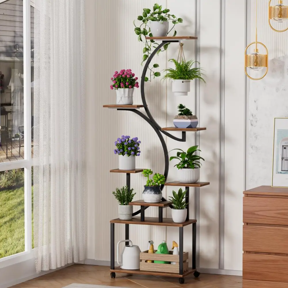 Plant Stand Indoor with 3 Grow Light, 8-Tiered Tall Plant Stand, Tree-Shaped Plant Shelf Display Rack with 360 Degree Wheels