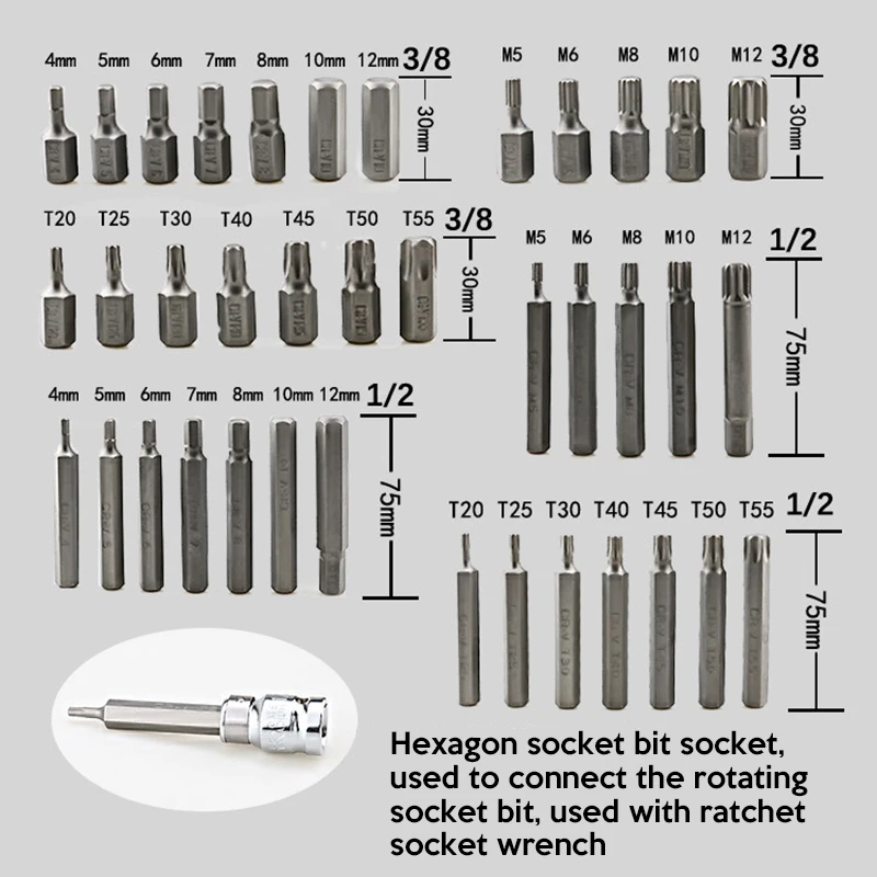 Metal Case 40PEICES Hex Torx Star Spline Bit Socket Set Long Short Reach Allen Key Chrome vanadium 3/8" And 1/2" drive sockets
