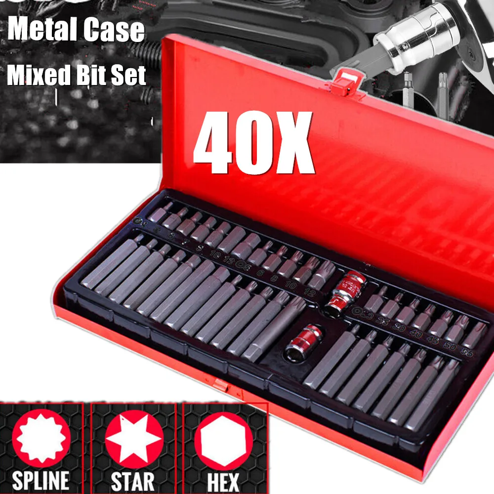 Metal Case 40PEICES Hex Torx Star Spline Bit Socket Set Long Short Reach Allen Key Chrome vanadium 3/8" And 1/2" drive sockets