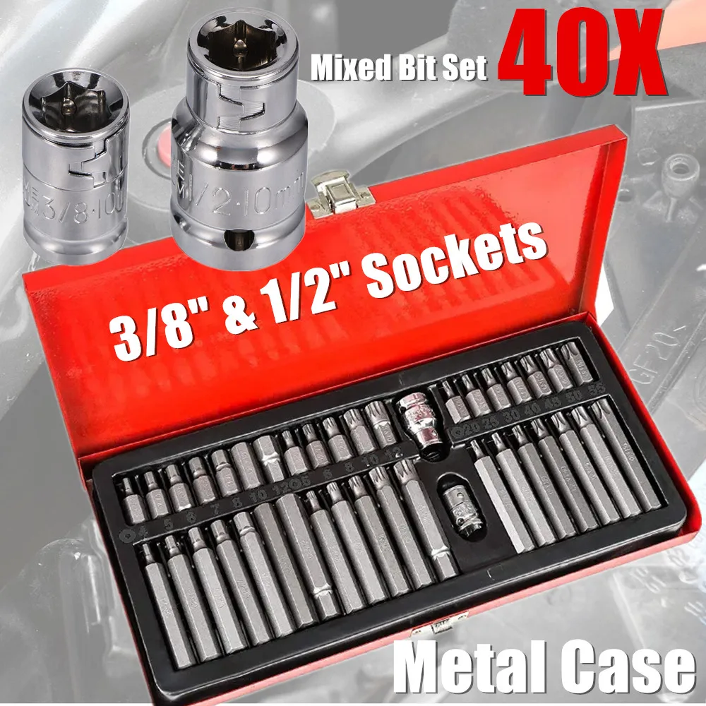 Metal Case 40PEICES Hex Torx Star Spline Bit Socket Set Long Short Reach Allen Key Chrome vanadium 3/8" And 1/2" drive sockets