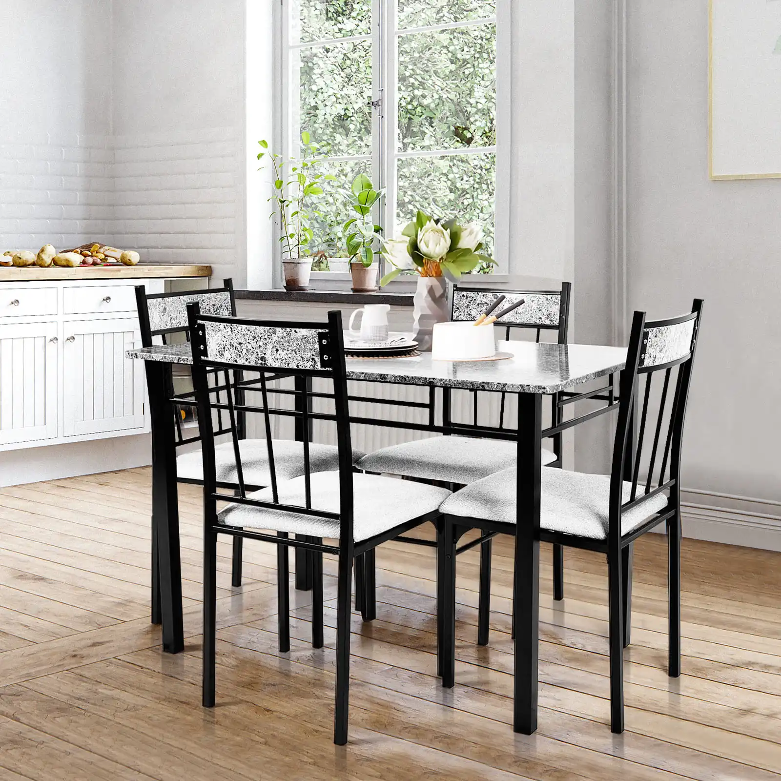 GOFLAME Marble 5-piece Kitchen Dining Set Dining table w/Sponge Cushion-Grey