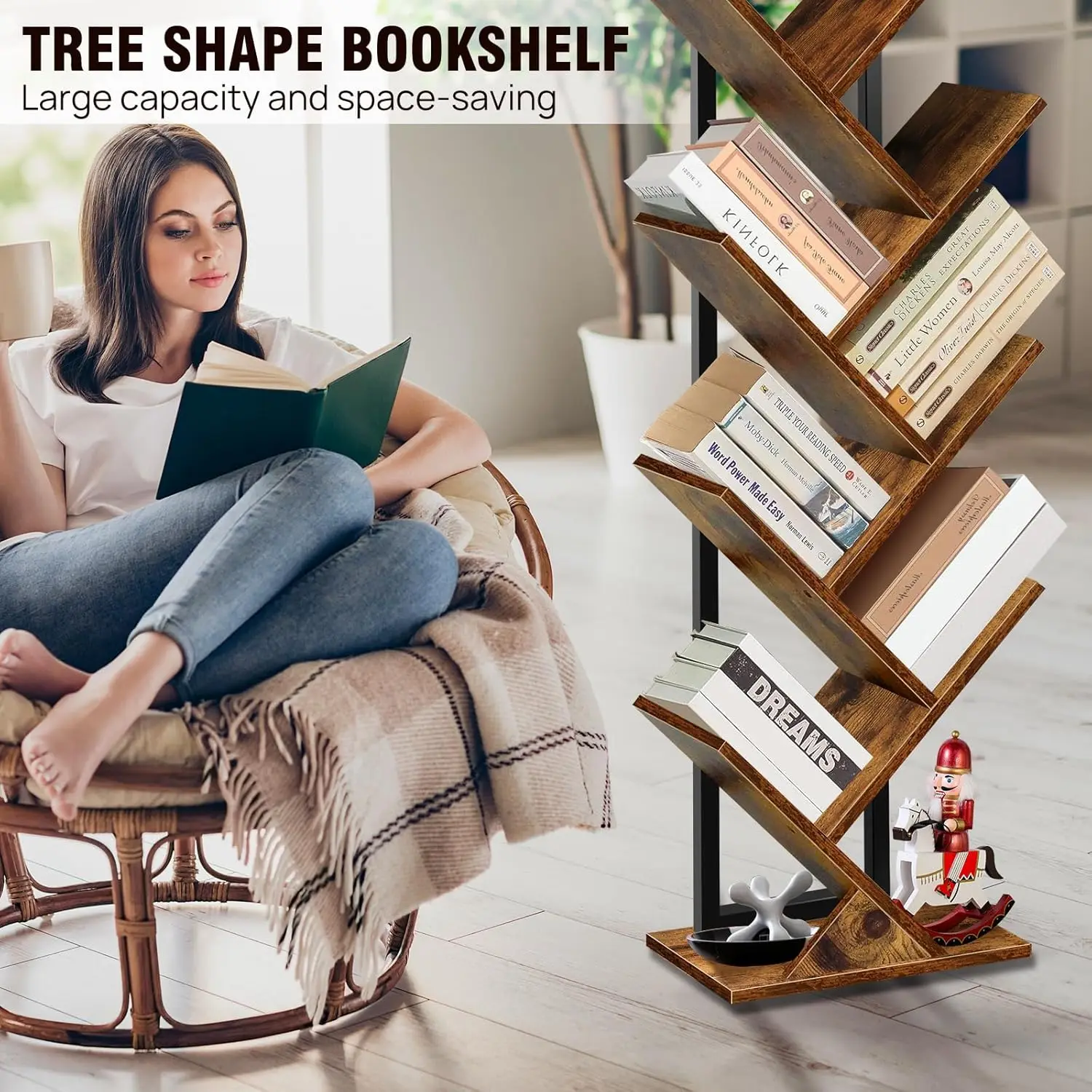 Brown 9 Tier Tree Bookcase Wooden Bookcase Floor Standing Corner Bookcase Personalised Display Storage Shelf