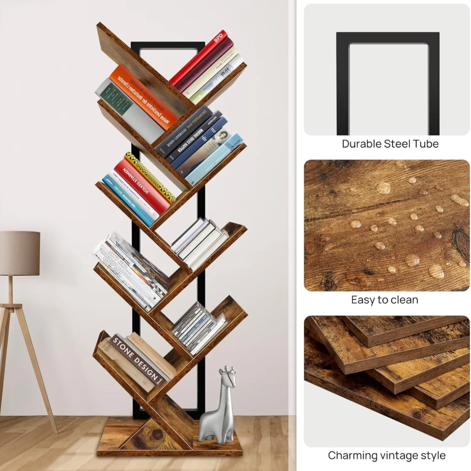 Brown 9 Tier Tree Bookcase Wooden Bookcase Floor Standing Corner Bookcase Personalised Display Storage Shelf