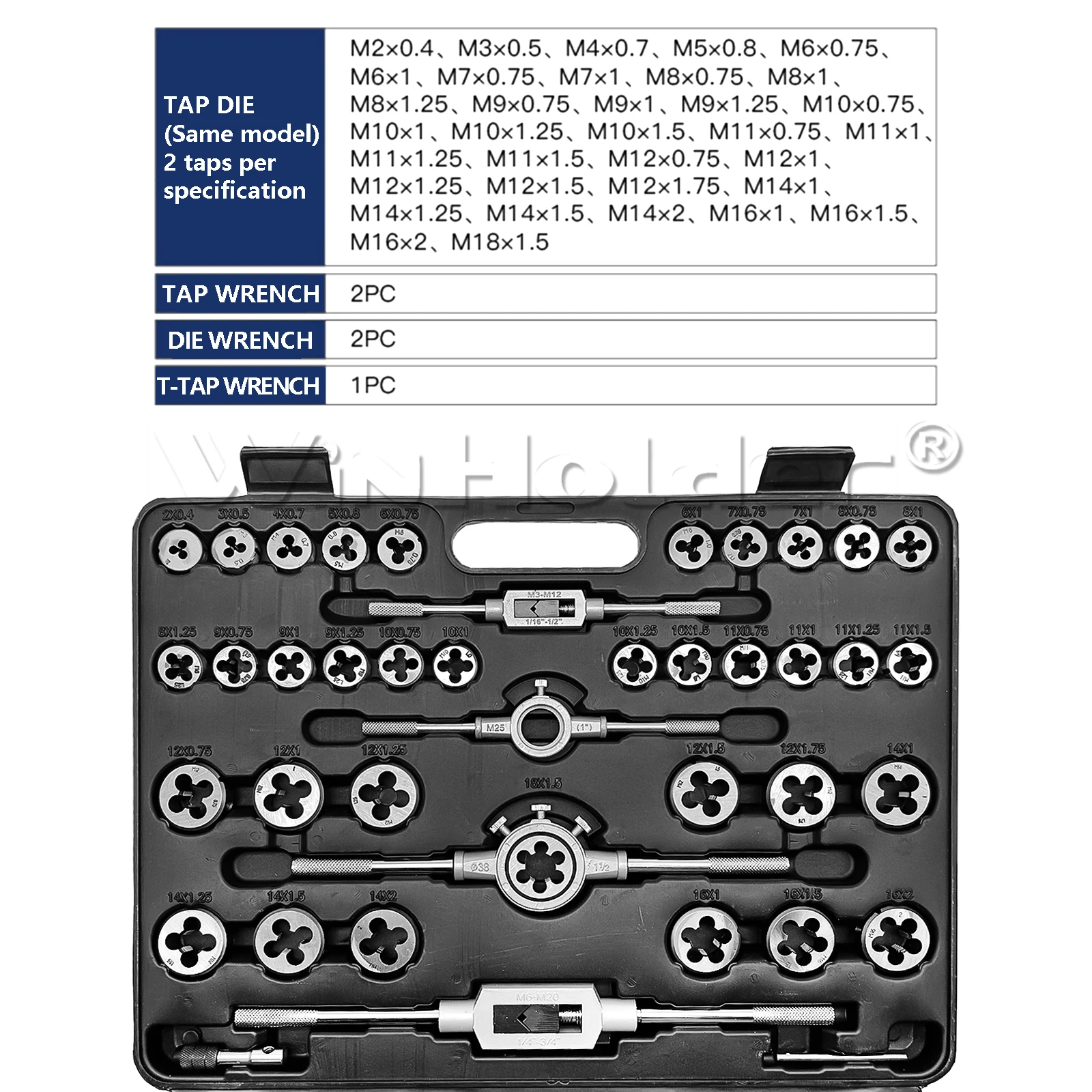 110PCS Metric Tap and Die Set M12 - M18 Bearing Steel Taps Die Wrench Tools Bearing Steel Threading Tool Car Garage Kits