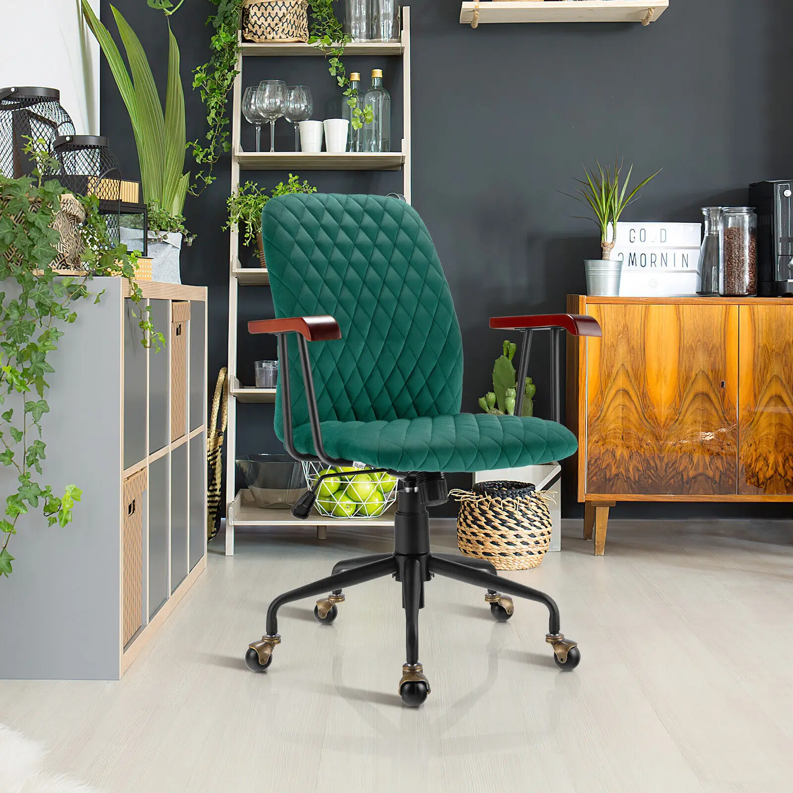 GOFLAME Velvet Office Chair Ergonomic Mid-back Computer Desk Chair W/Rubber Wood Armrest