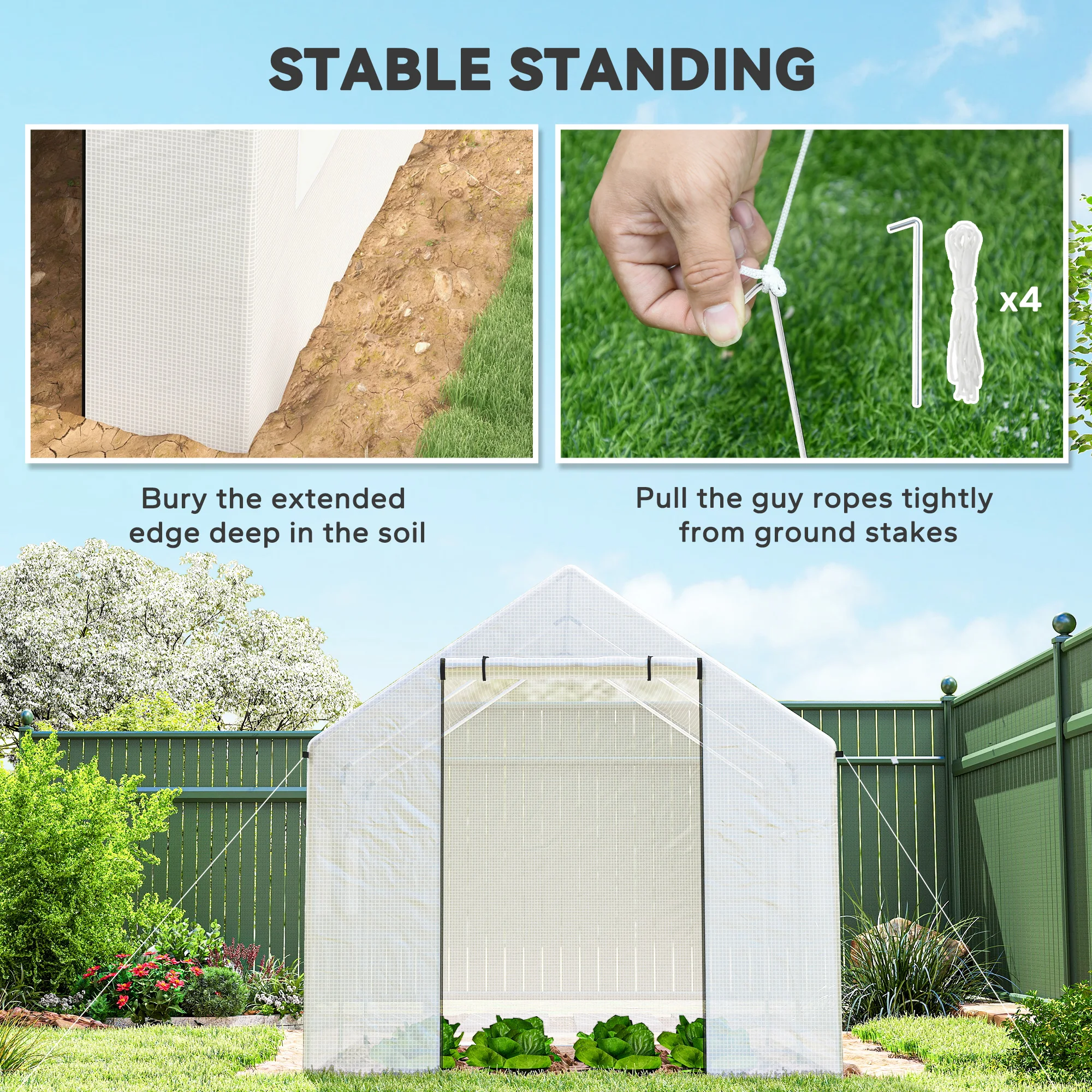 2 X 3(m) Polytunnel Greenhouse with Wide Door & 4 Mesh Windows, White