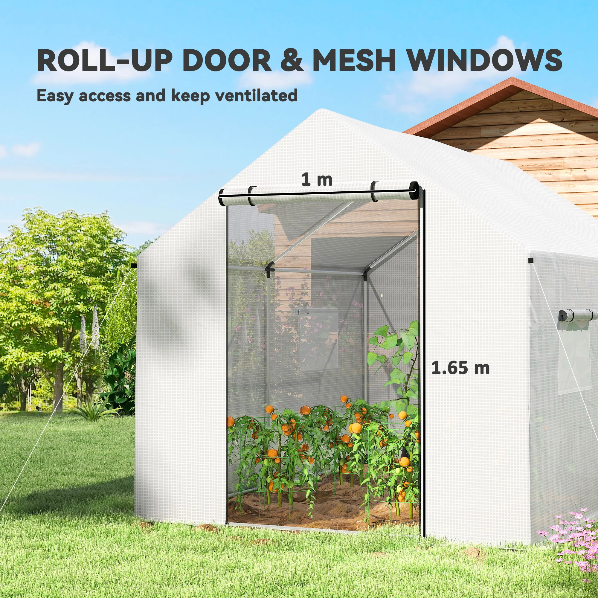 2 X 3(m) Polytunnel Greenhouse with Wide Door & 4 Mesh Windows, White