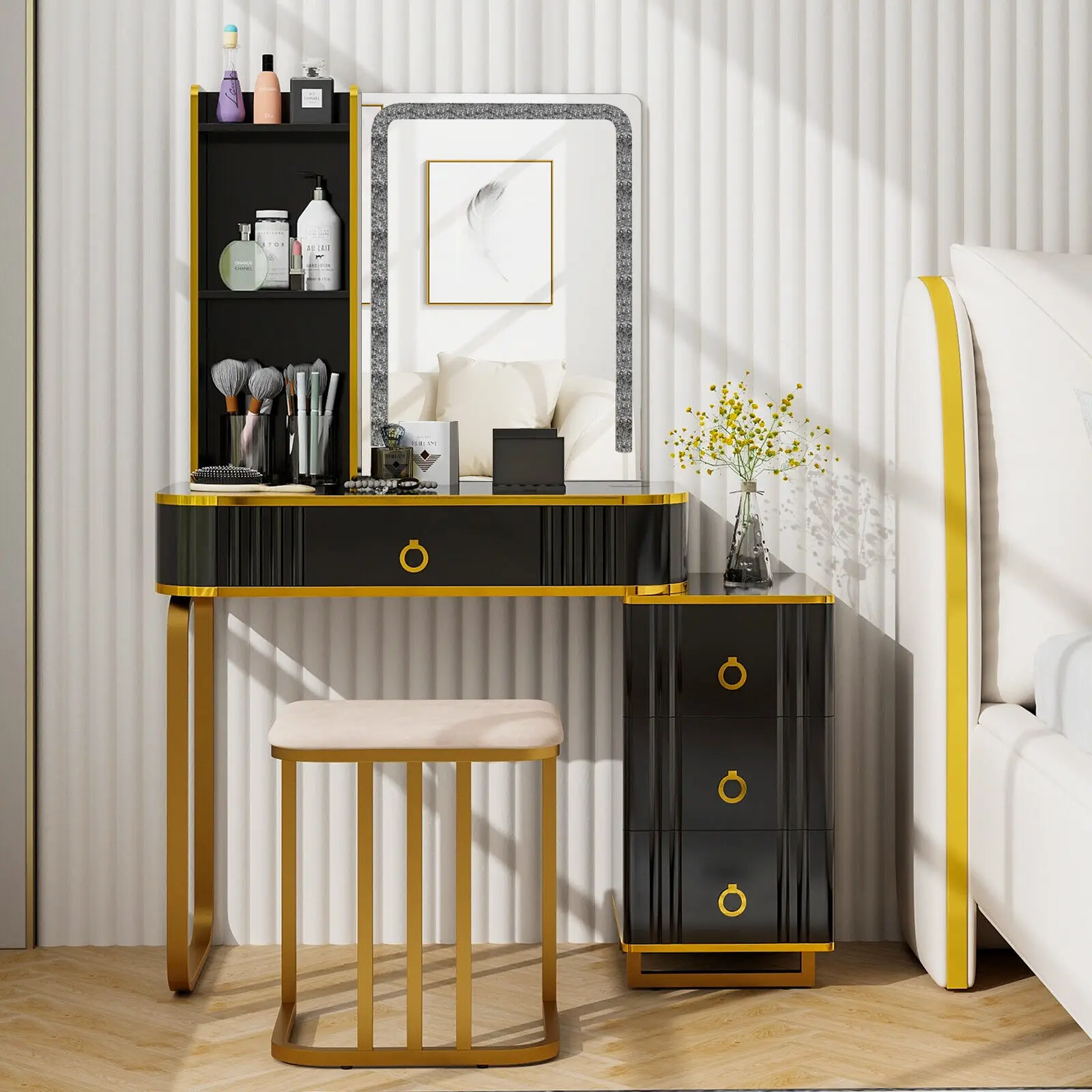 GOFLAME RGB Vanity Table Makeup Wood Stool Set Mirror Dressing Table w/LED Mirror