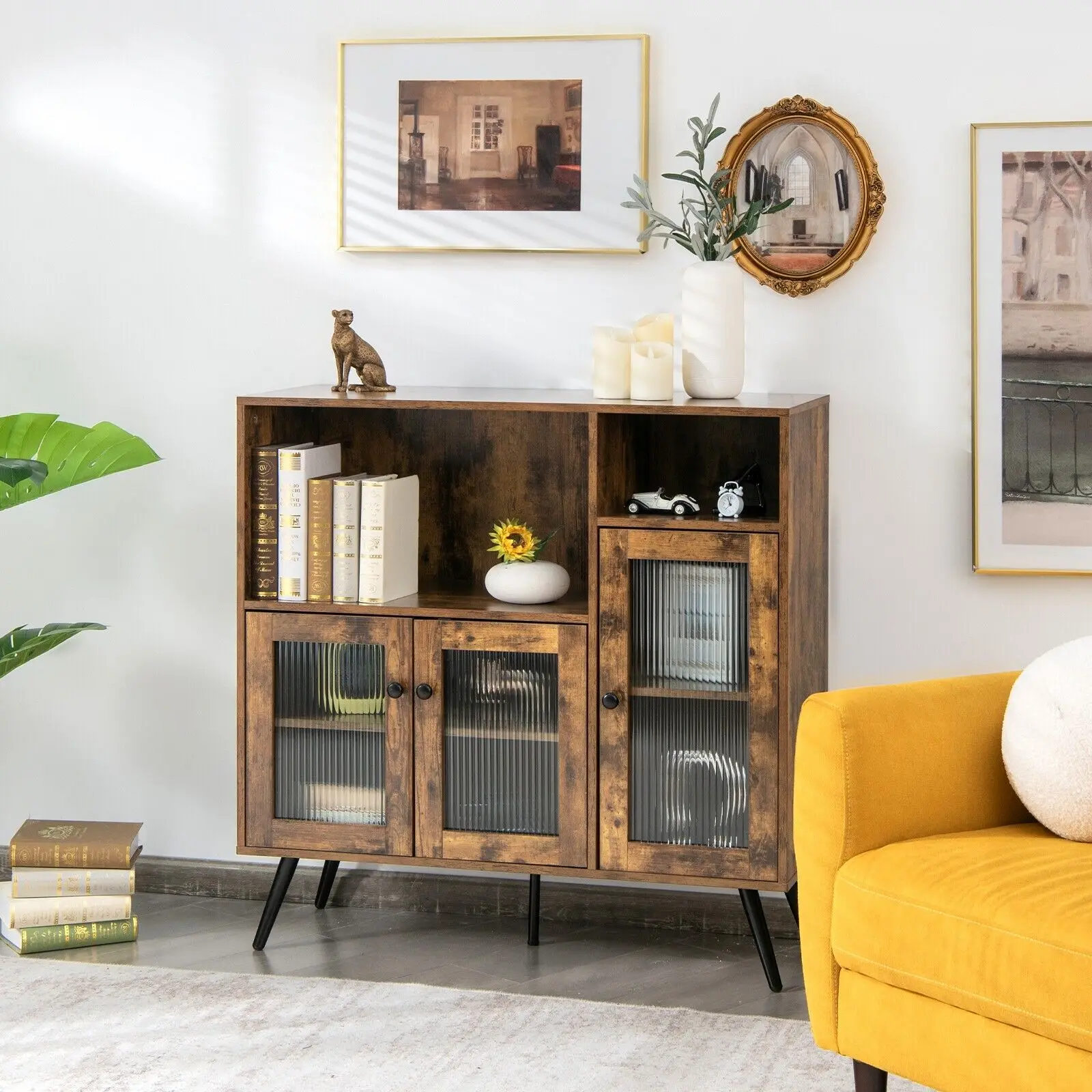 GOFLAME Kitchen Storage Cabinet Wooden Buffet Sideboard Cupboard Tempered Glass Doors