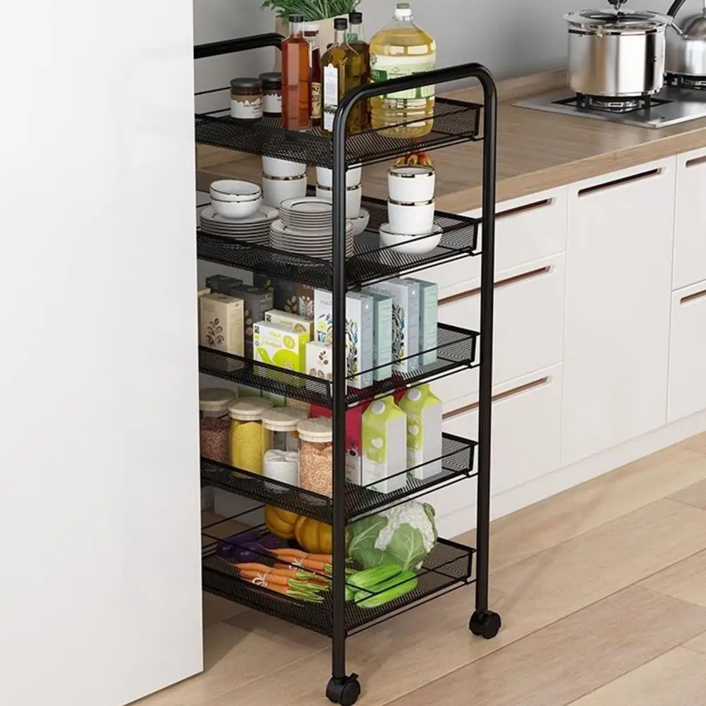 5 Tier Metal Mesh Storage Basket with 360 Degree Wheels, Fruit Vegetable Basket Storage Organizer for Kitchen, Pantry, Bathroom