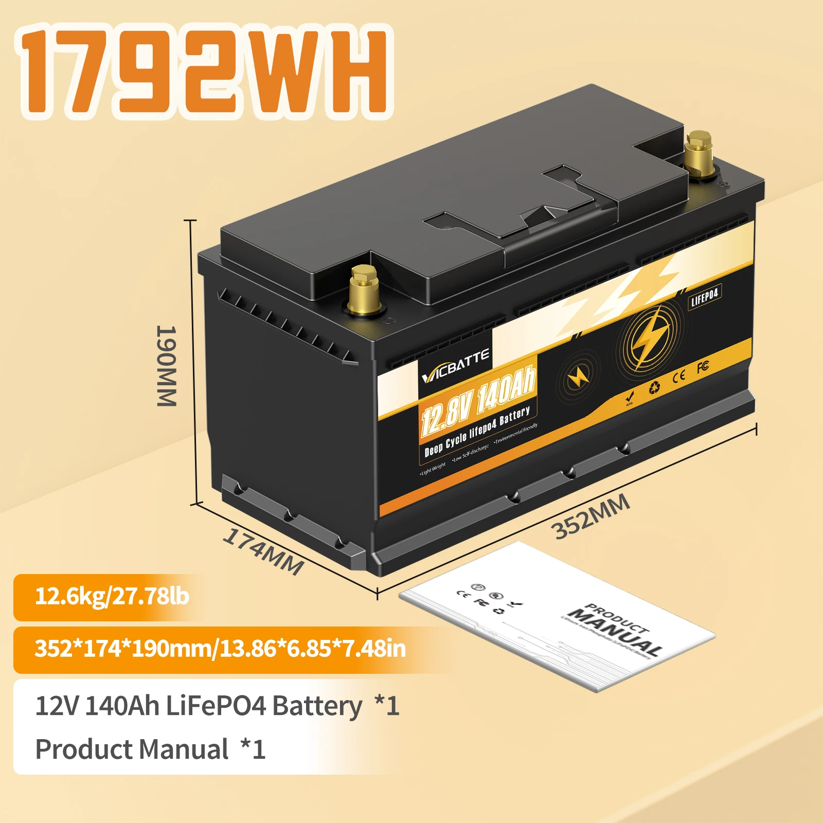 12V 140AH LiFePO4 Lithium Battery,Deep Cycle LiFePO4 Battery with Built-in 100A BMS fit for RV, Home Storage,Solar Power System