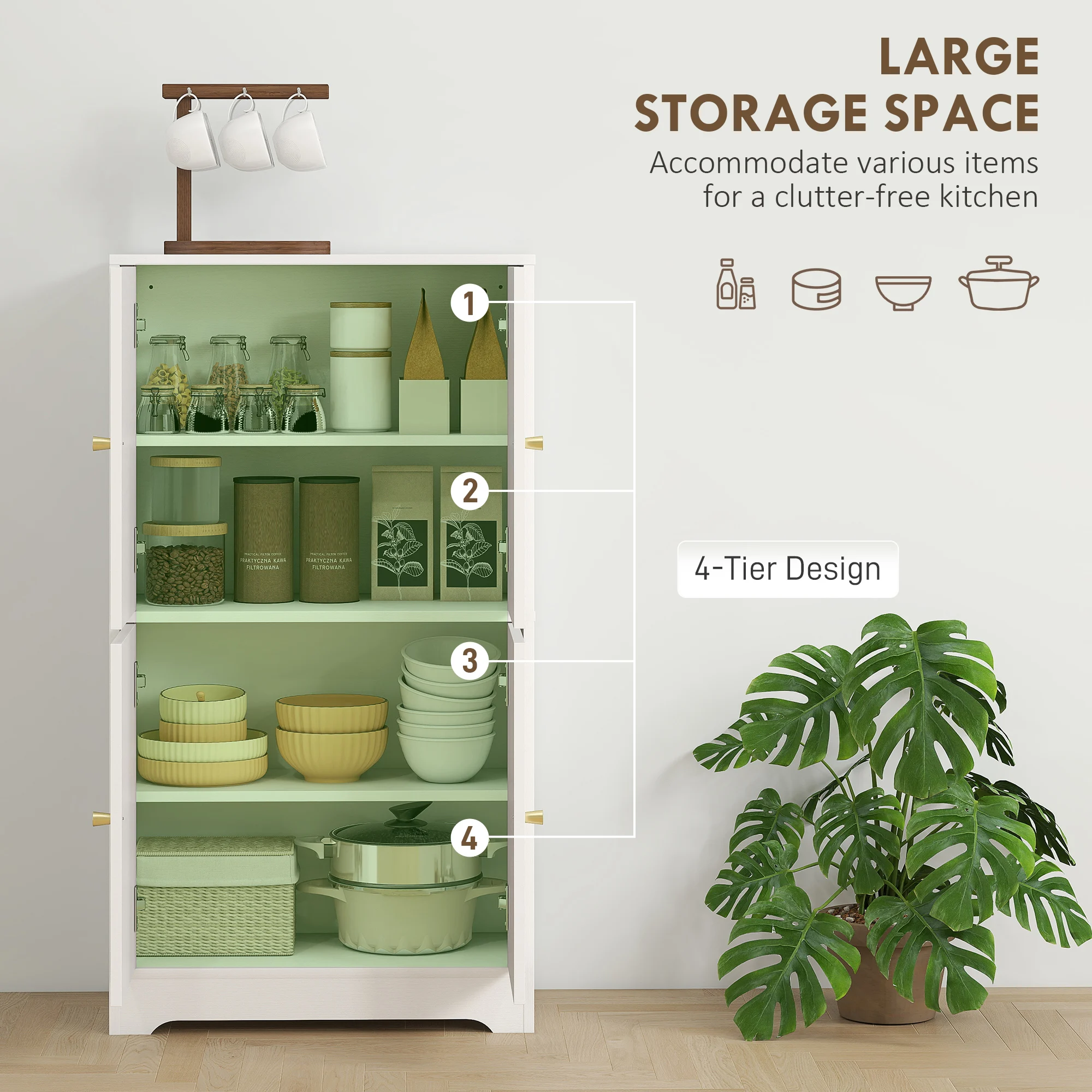 HOMCOM 110cm Kitchen Cupboard with 4 Arched Doors and 2 Adjustable Shelves