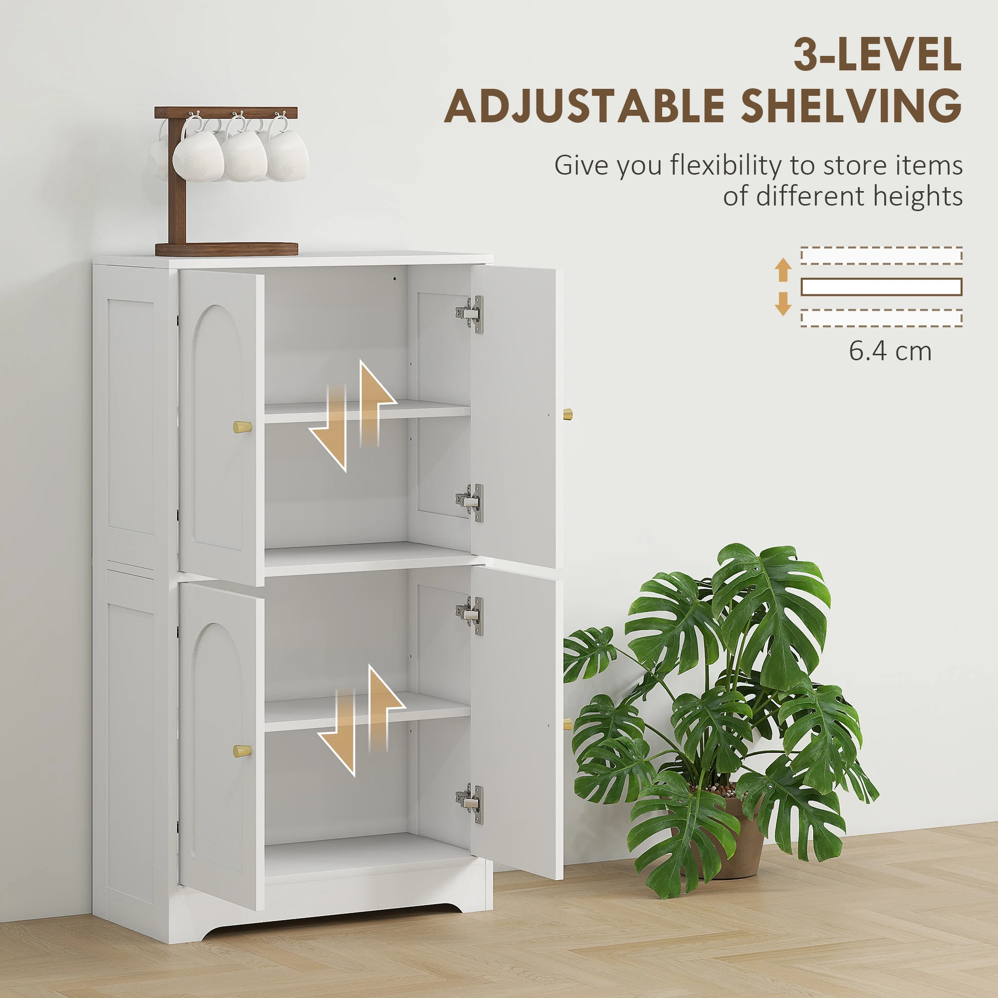 HOMCOM 110cm Kitchen Cupboard with 4 Arched Doors and 2 Adjustable Shelves