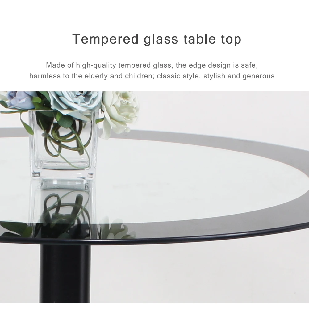 Black Dining Table and Chairs Set of 4, Round Tempered Glass Table with High Back PU Leather Chairs