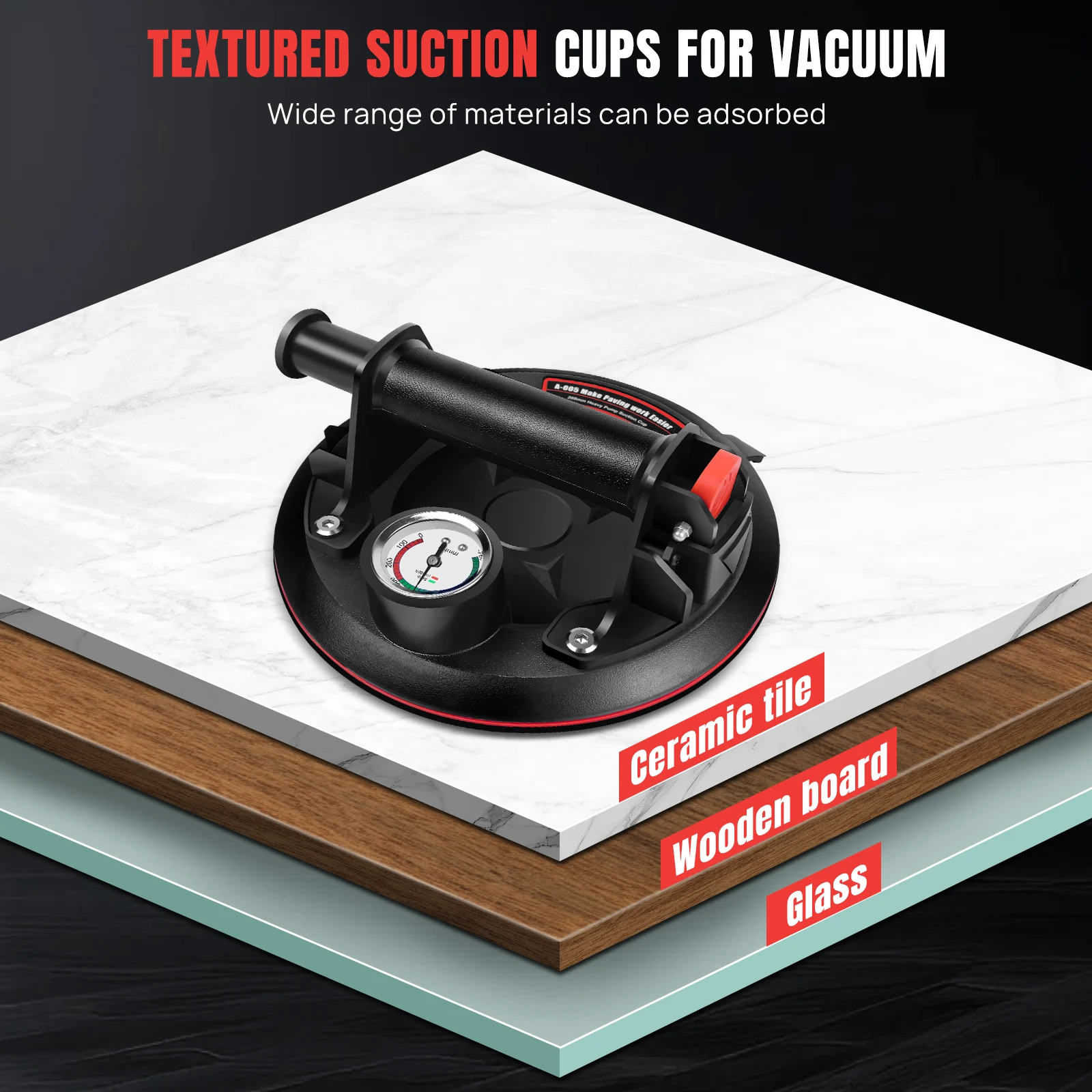 Set of 2 8" Suction Lifters Glass Suction Cups with Pressure Gauge, Tile Lifter Vacuum Suction Lifter Max. load Capacity 400kg