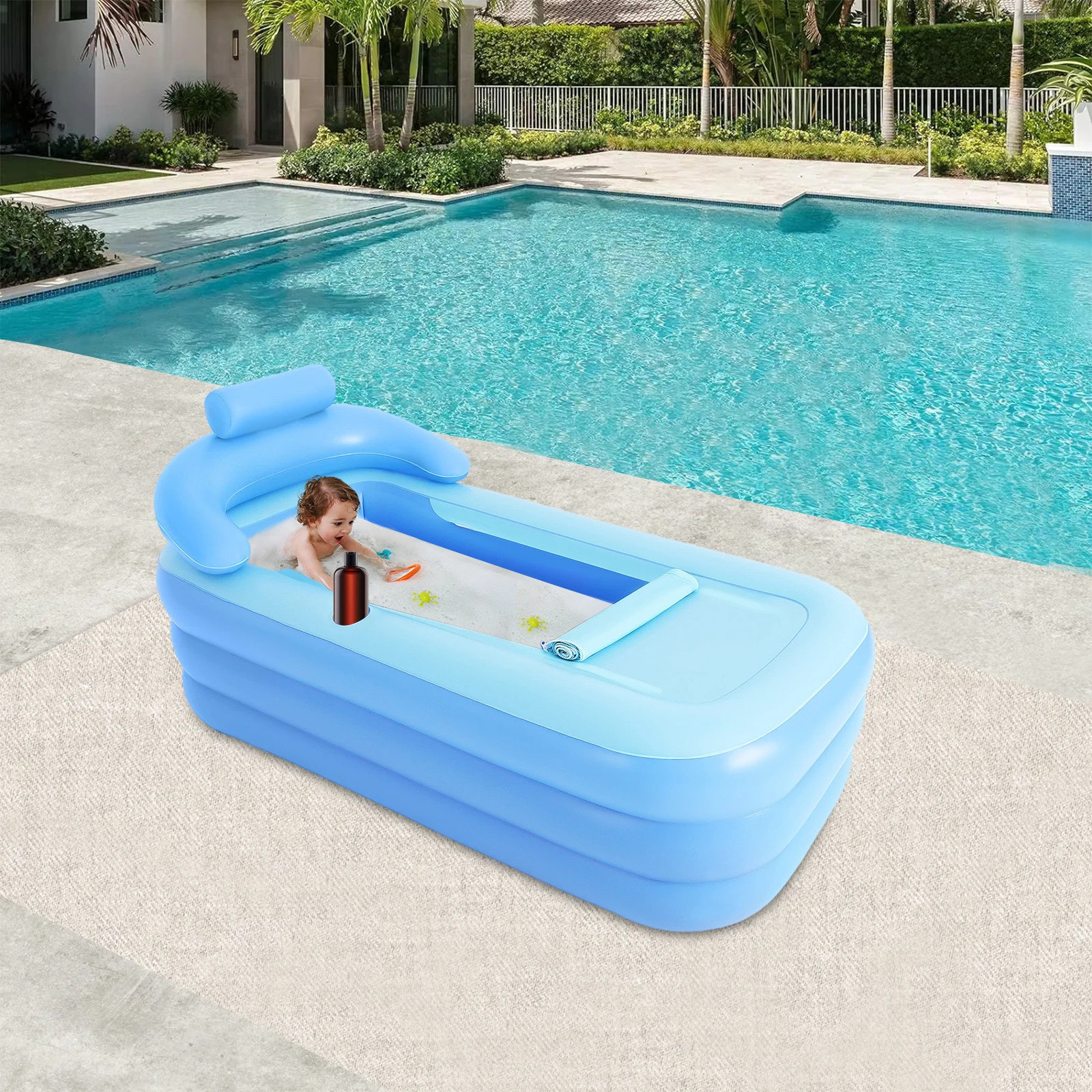 Foldable Inflatable PVC Bathtub with Seat Cushion Home Swimming Pool 160*84*64cm Children's Bathtub