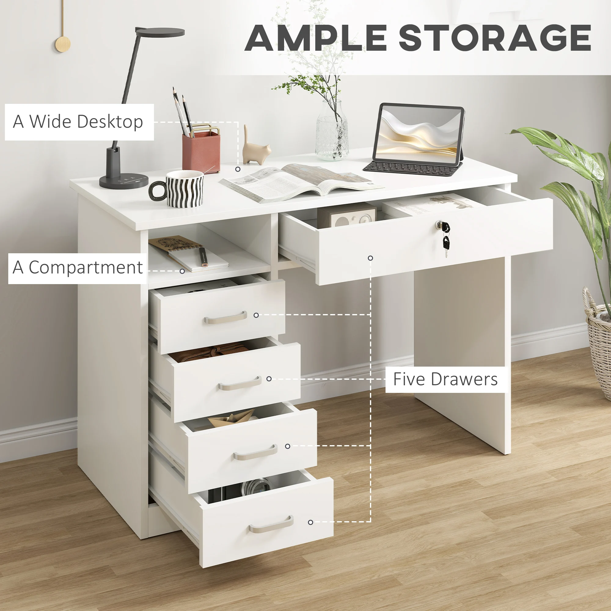 HOMCOM Computer Desk Writing Desk with Five Drawers for Home Office White