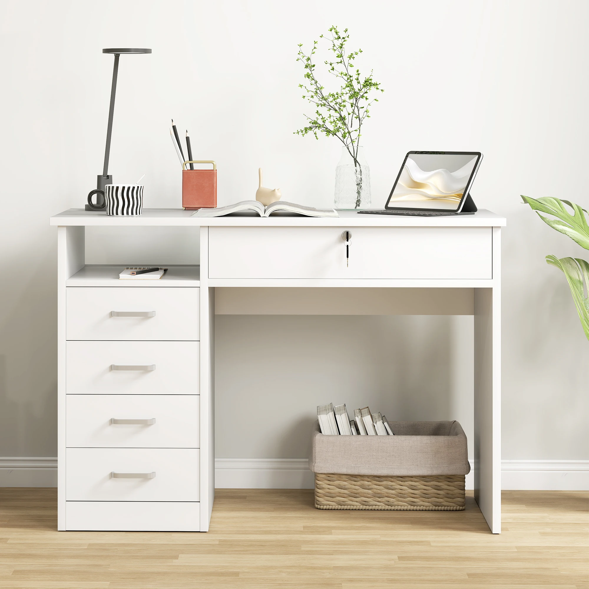 HOMCOM Computer Desk Writing Desk with Five Drawers for Home Office White