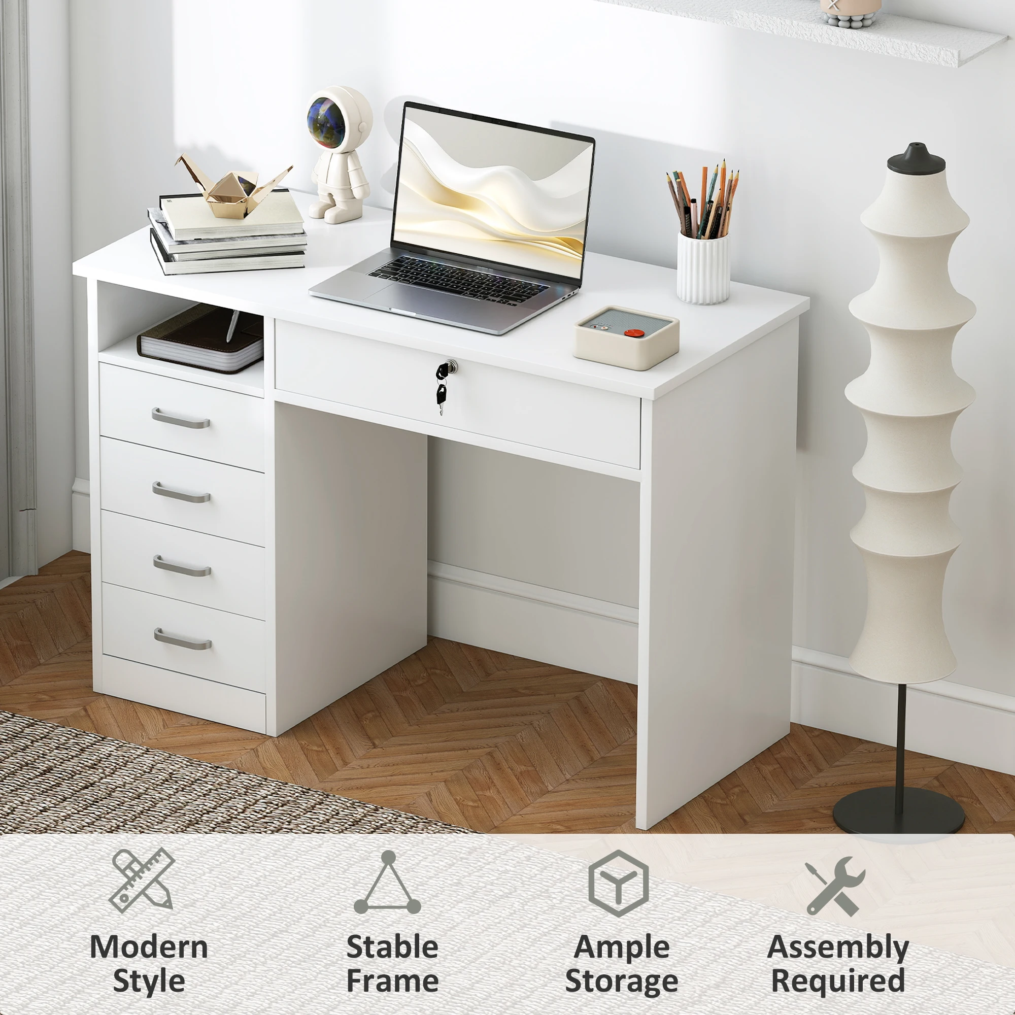 HOMCOM Computer Desk Writing Desk with Five Drawers for Home Office White