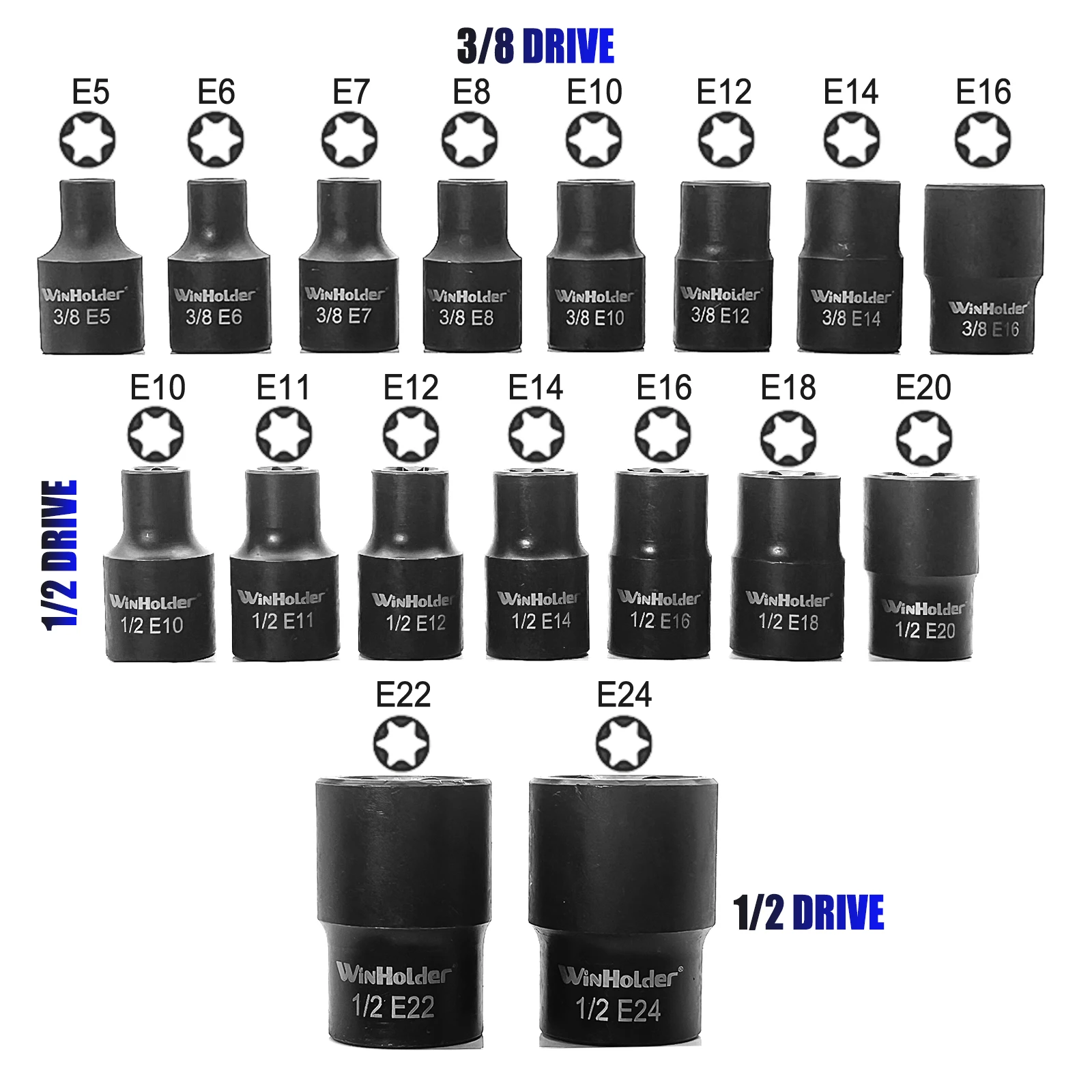17pc 3/8" & 1/2" Torx Star Socket Set E Type Impact Socket E5 E6 E7 E8 E10 E11 E12 E14 E16 E18 E20 E22 E24 Car Repair Tools