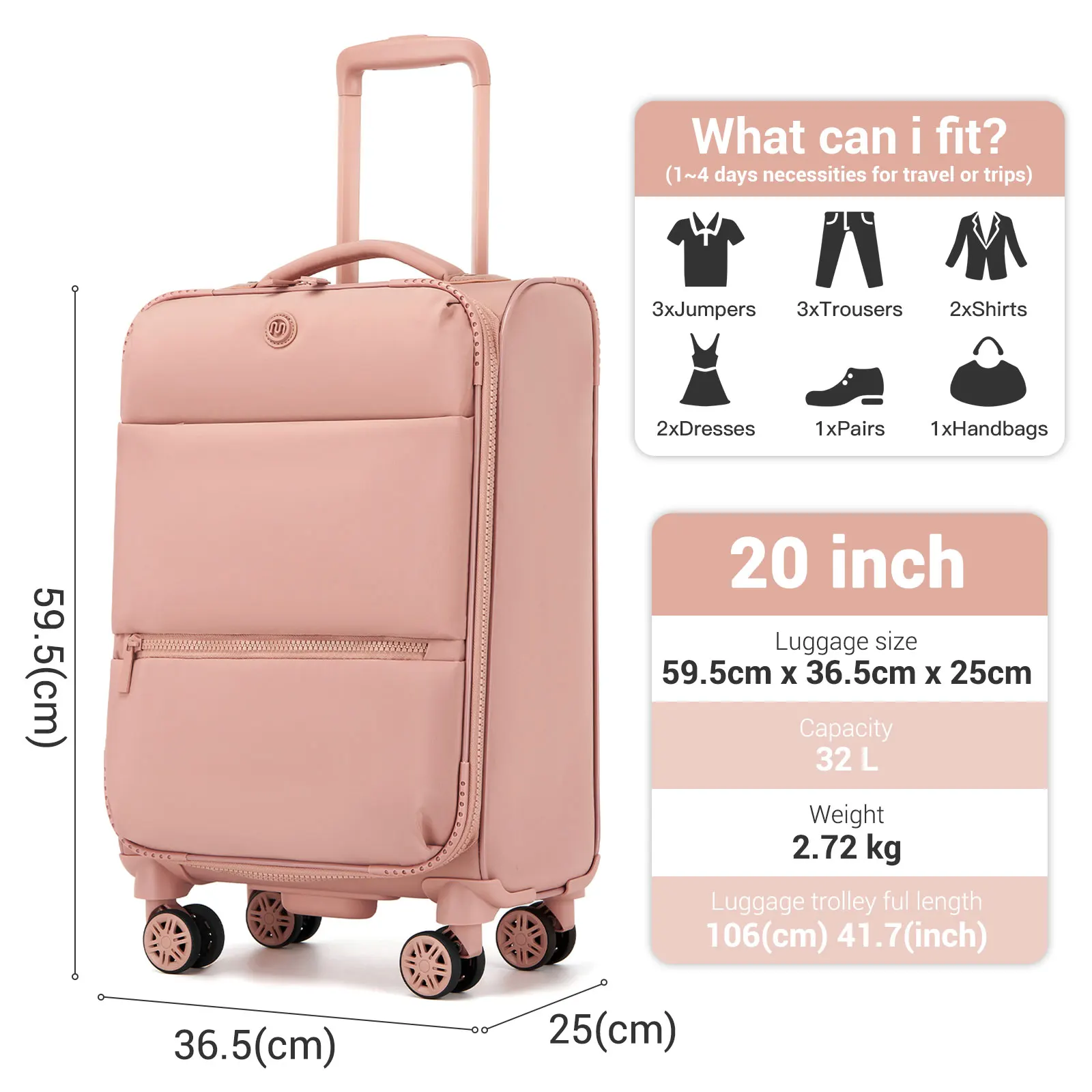 Small 20-inch nylon softshell trolley - Lightweight carry-on design with 4 silent wheels & telescopic handle