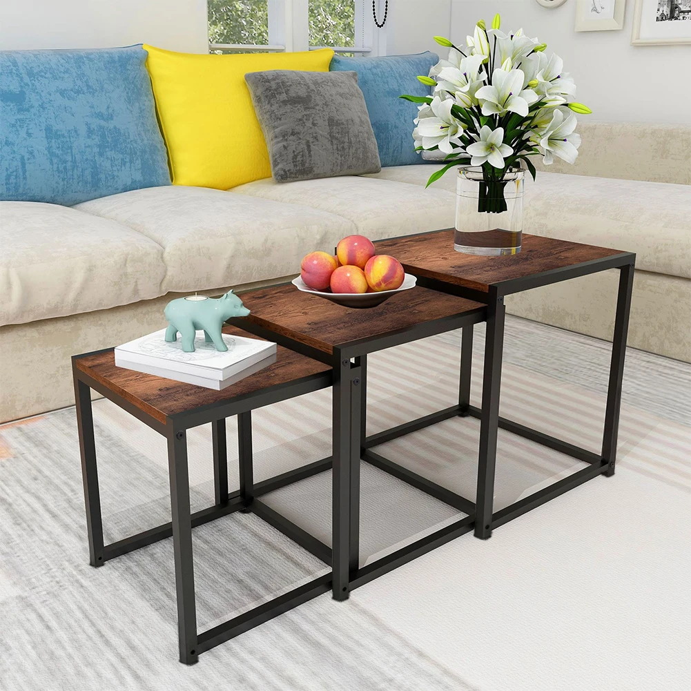 【Breeins】Industrial Style Set of 3 Square Nesting Side Tables Livingroom Home Decoration