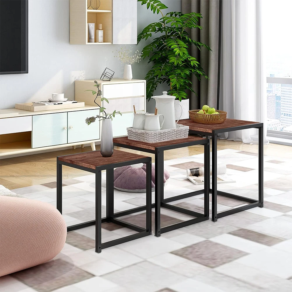 【Breeins】Industrial Style Set of 3 Square Nesting Side Tables Livingroom Home Decoration