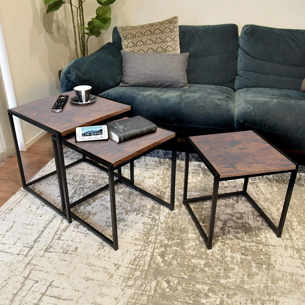 【Breeins】Industrial Style Set of 3 Square Nesting Side Tables Livingroom Home Decoration