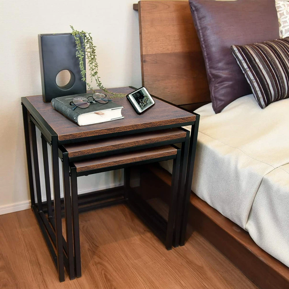 【Breeins】Industrial Style Set of 3 Square Nesting Side Tables Livingroom Home Decoration