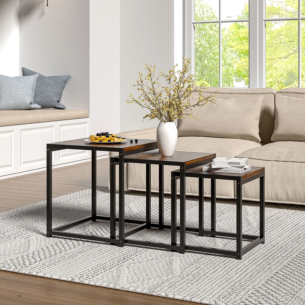 【Breeins】Industrial Style Set of 3 Square Nesting Side Tables Livingroom Home Decoration
