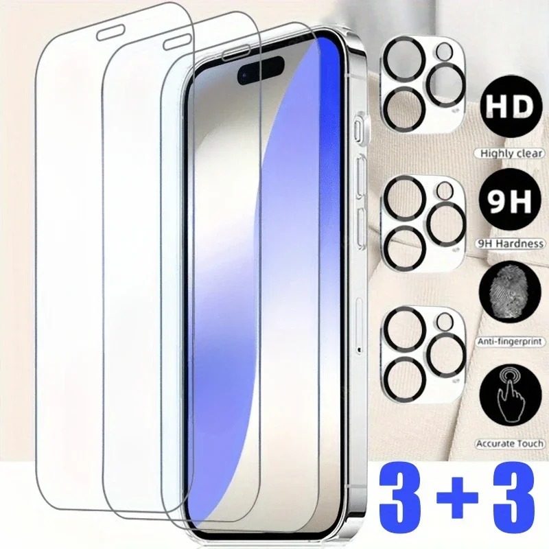 6-in-1 Ultra HD Tempered Glass For iPhone 16 15 13 14 Pro Max 16e 11 Pro Camera Lens Glass Film For iPhone 14 15 Plus 12 13 Mini
