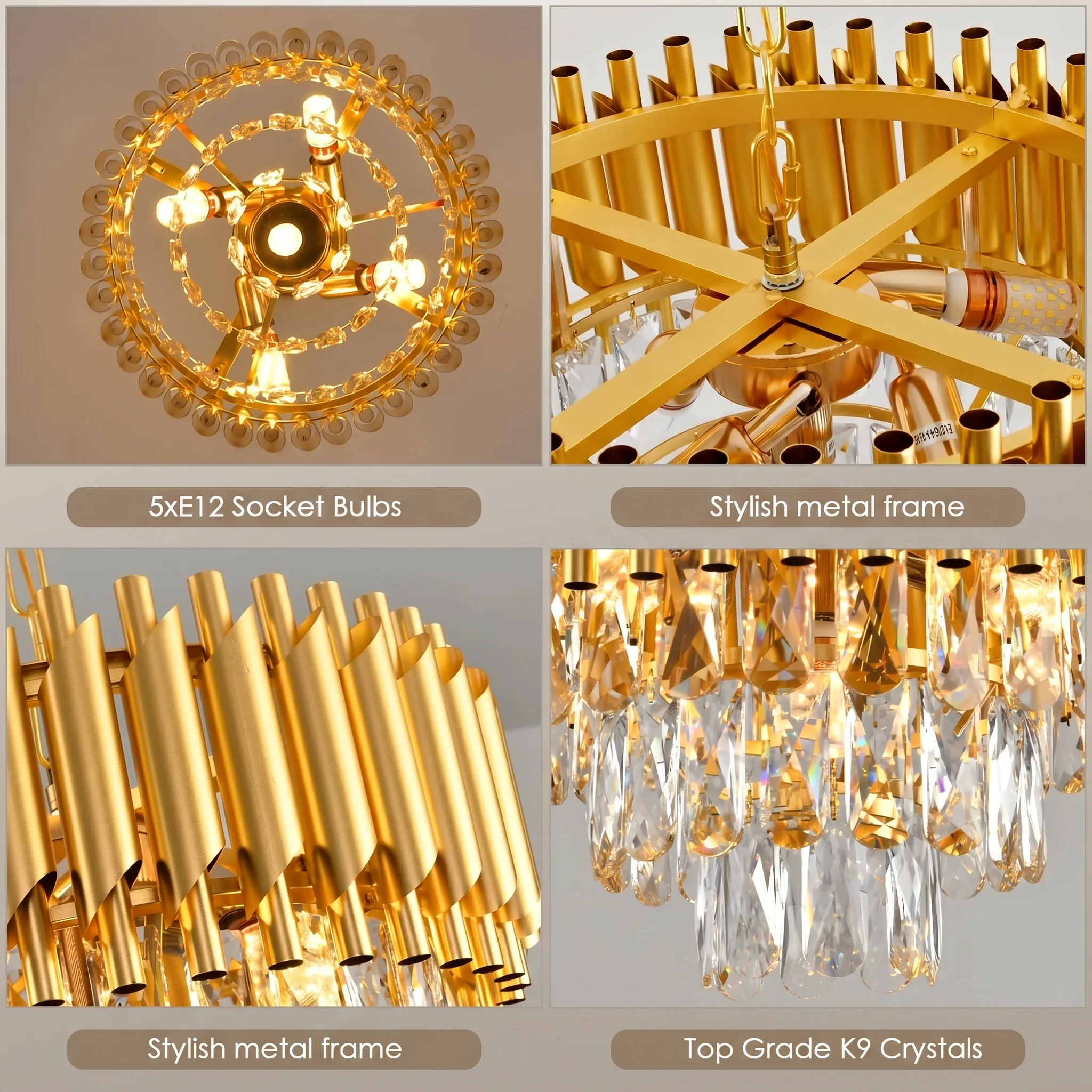 Gold Crystal Chandelier, Modern Luxury 3-Tier K9 Crystal Chandelier Light Fixture, Adjustable Chain Hanging Pendant Light for Dining Room Living Room Kitchen Island Bedroom Foyer Entryway Hallway