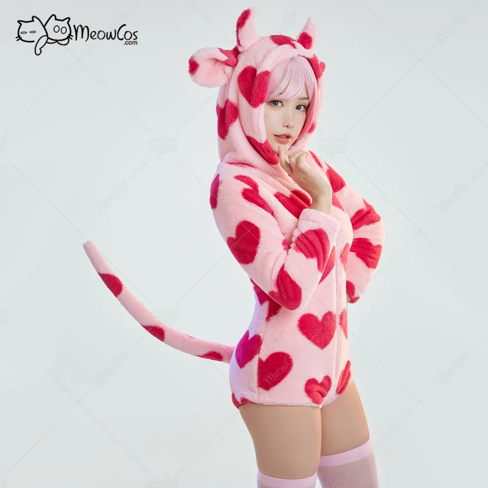Meowcos Women's Cow Style Bodycon Romper Pajama Heart Print Long Sleeve Zipper Bodycon Jumpsuit Sleepwear with Choker and Socks