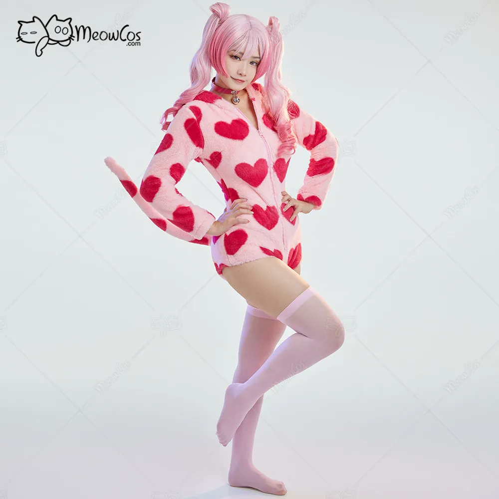 Meowcos Women's Cow Style Bodycon Romper Pajama Heart Print Long Sleeve Zipper Bodycon Jumpsuit Sleepwear with Choker and Socks