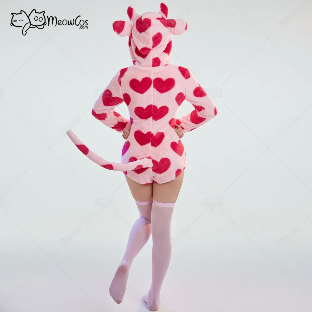 Meowcos Women's Cow Style Bodycon Romper Pajama Heart Print Long Sleeve Zipper Bodycon Jumpsuit Sleepwear with Choker and Socks